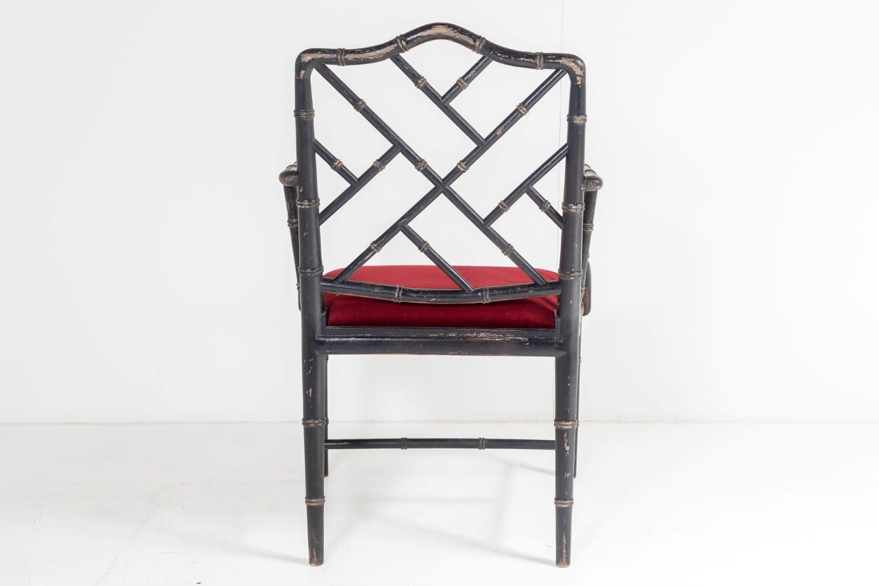 Ebonised Faux Bamboo Chinese Chippendale Style Chair with Red Velvet Seat 3