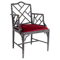 Ebonised Faux Bamboo Chinese Chippendale Style Chair with Red Velvet Seat