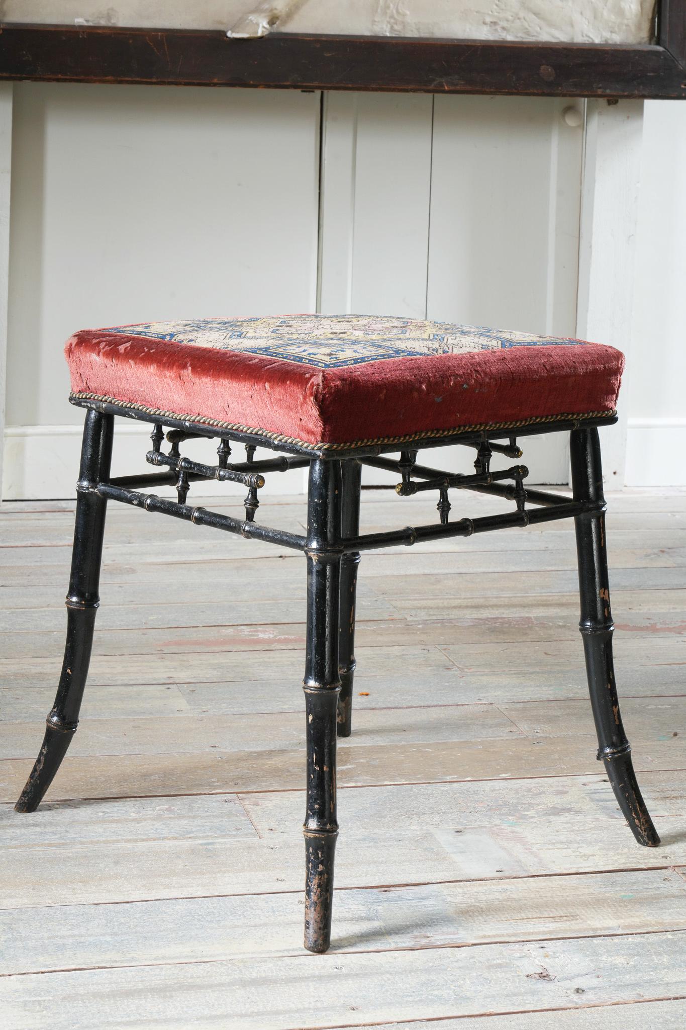 Ebonised Faux Bamboo Stool In Good Condition For Sale In Conwy, GB