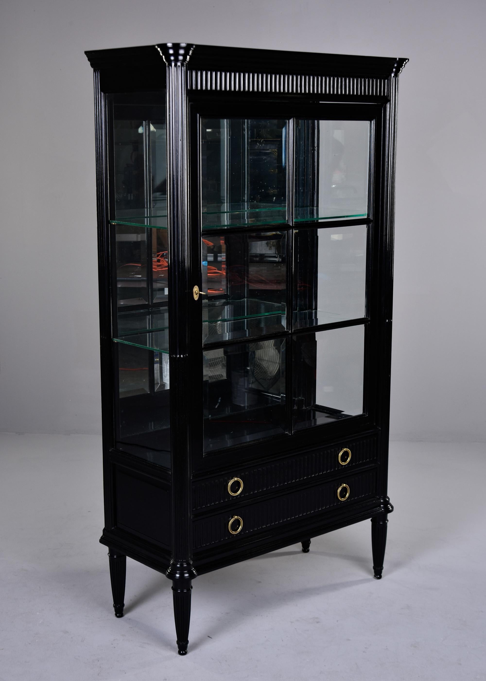 20th Century Ebonized French Louis Philippe Style Glass Front Cabinet with Reeded Detail