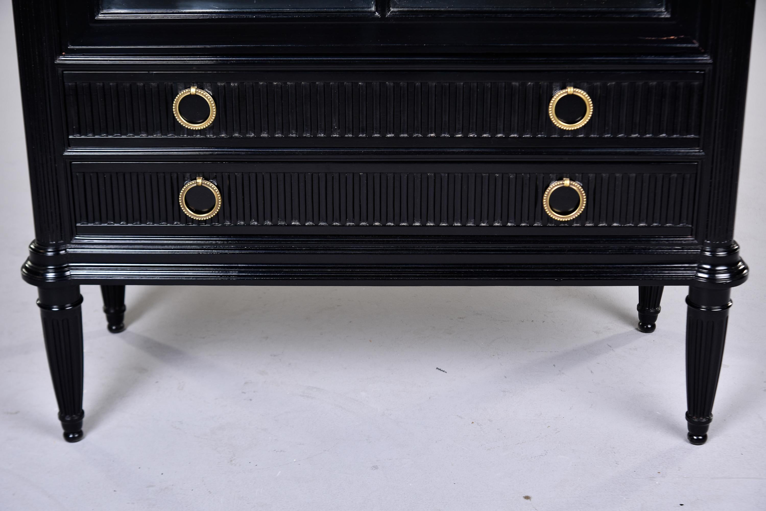 Mahogany Ebonized French Louis Philippe Style Glass Front Cabinet with Reeded Detail