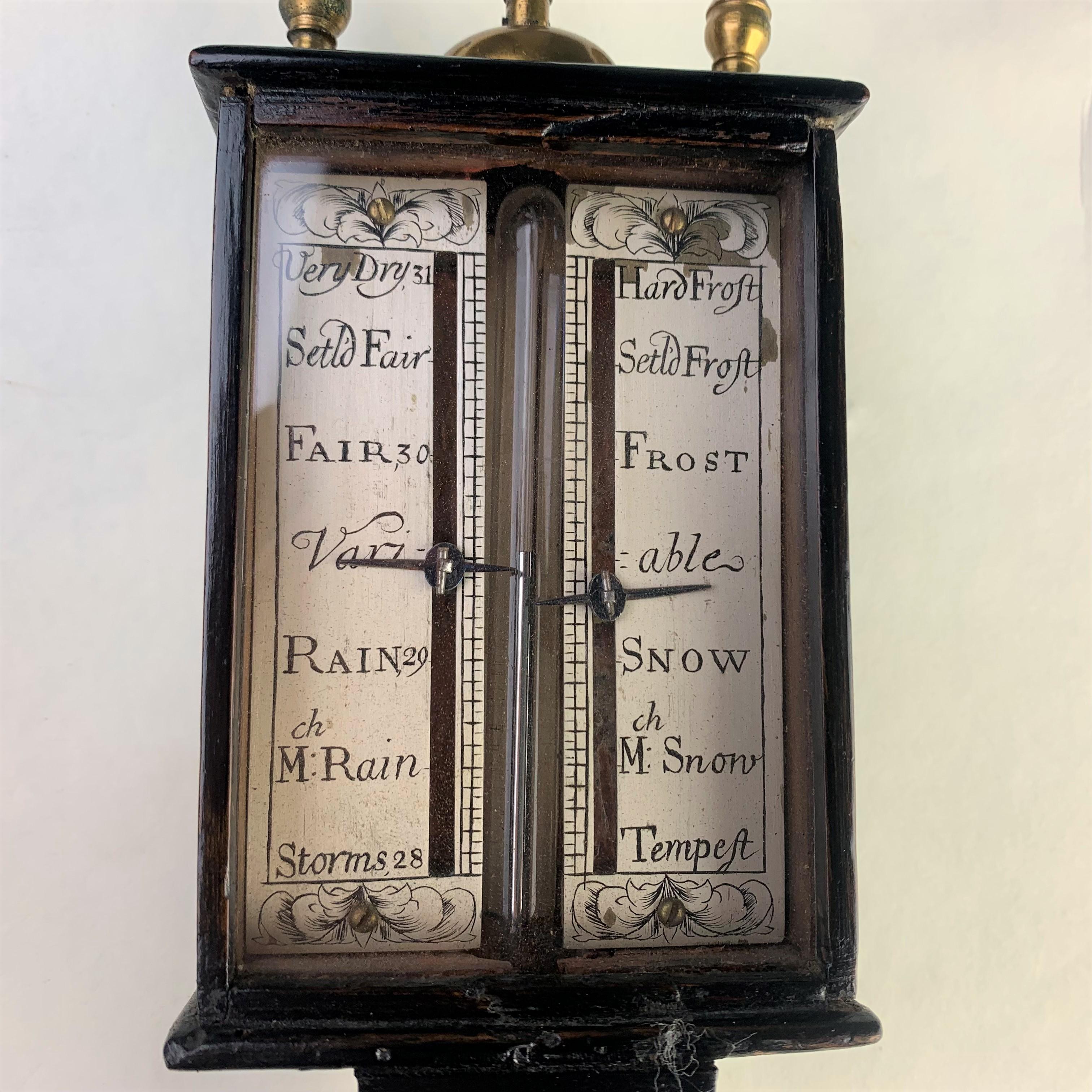 Japanned Ebonized Fruitwood and Brass-Mounted Siphon Tube Barometer For Sale
