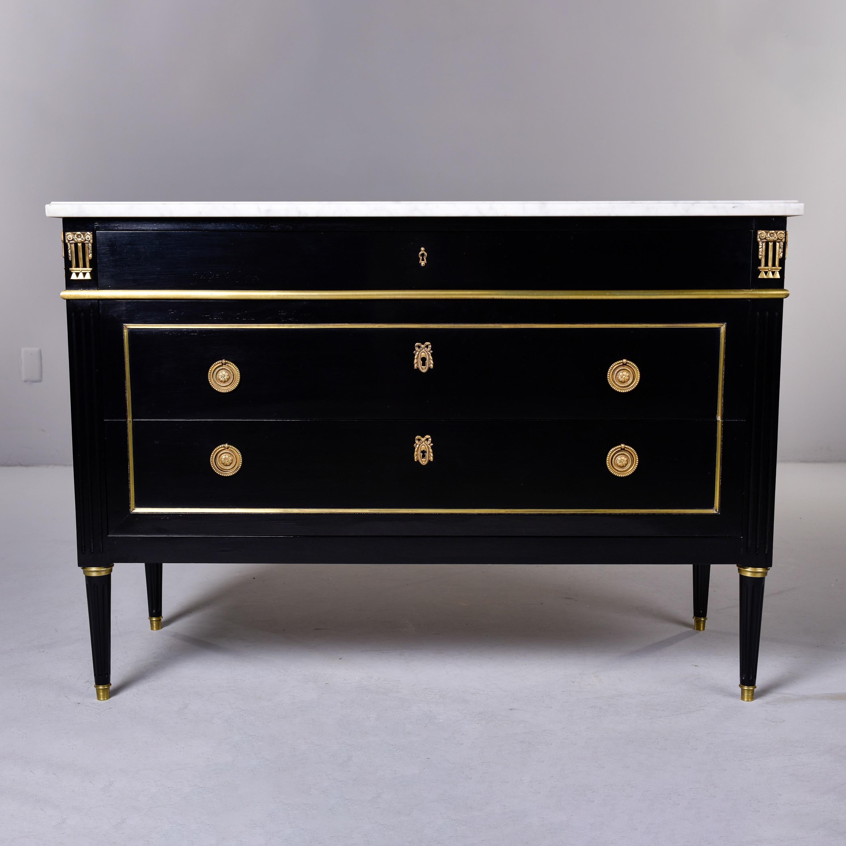Ebonised Louis XVI Style Mahogany Commode with White Marble Top In Good Condition In Troy, MI