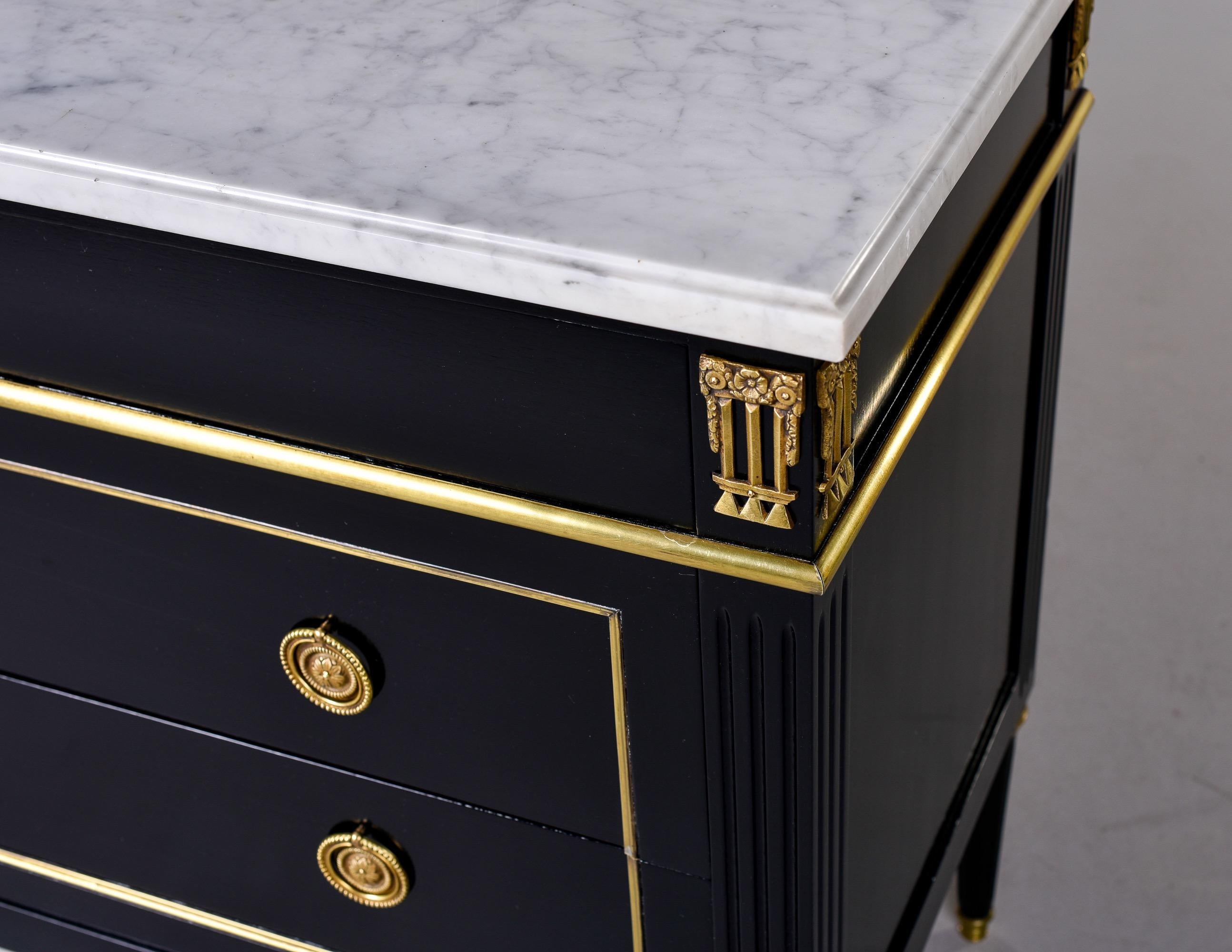 Brass Ebonised Louis XVI Style Mahogany Commode with White Marble Top