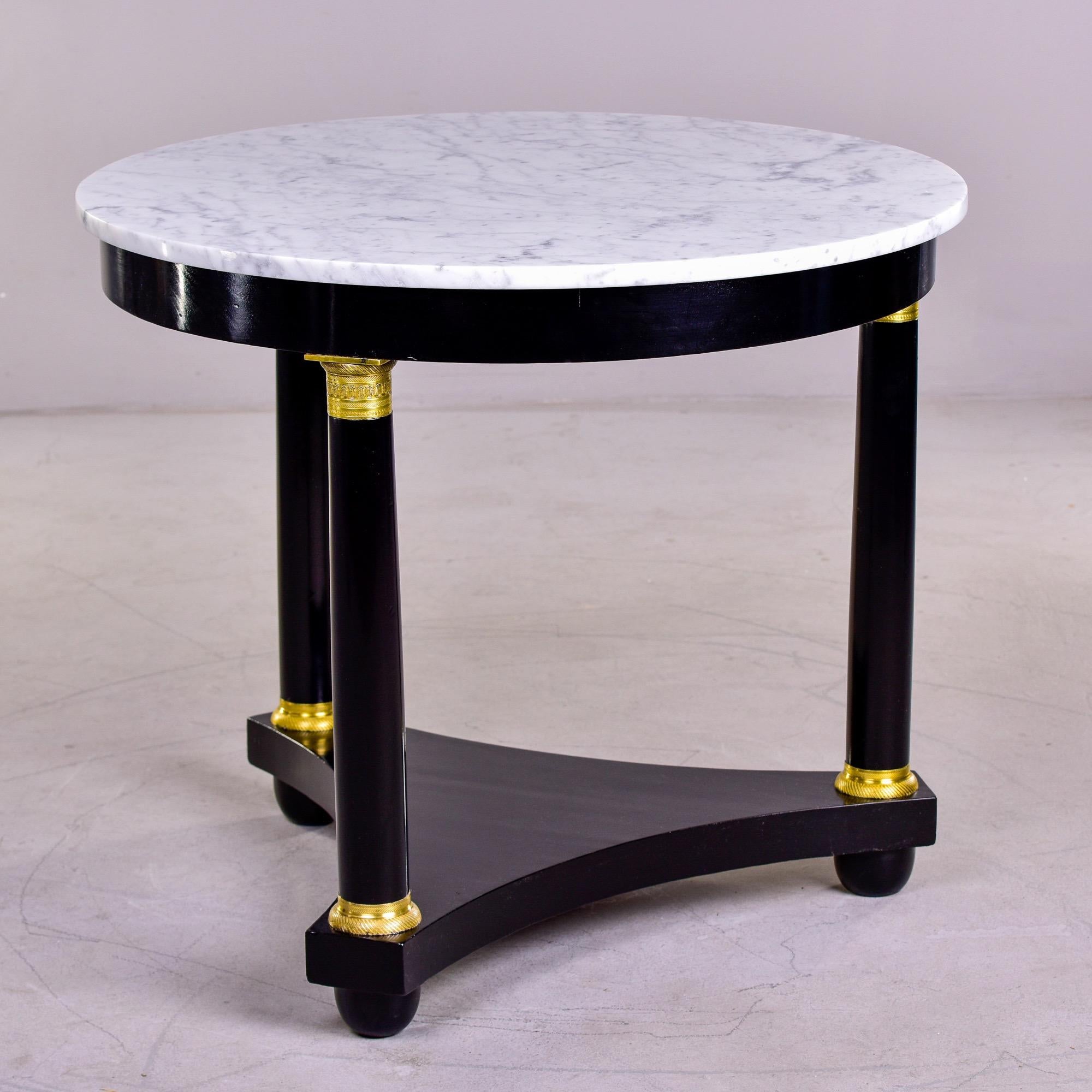 French Ebonised Louis XVI Style Round Side Table with White and Gray Marble Top