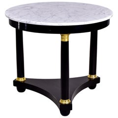 Ebonised Louis XVI Style Round Side Table with White and Gray Marble Top