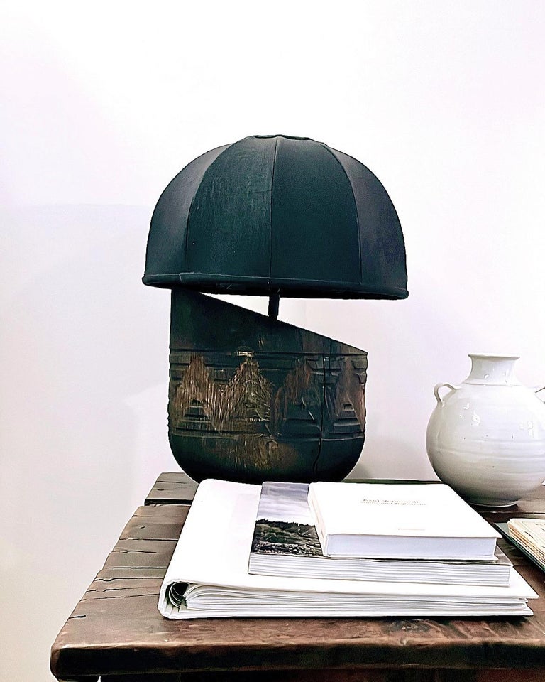 Ebonised Oak Wood Table Lamp with Hand Carving For Sale at 1stDibs