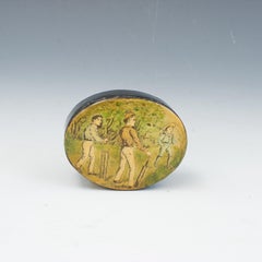 Ebonised Oval Snuff Box With Cricket Scene on The Lid.