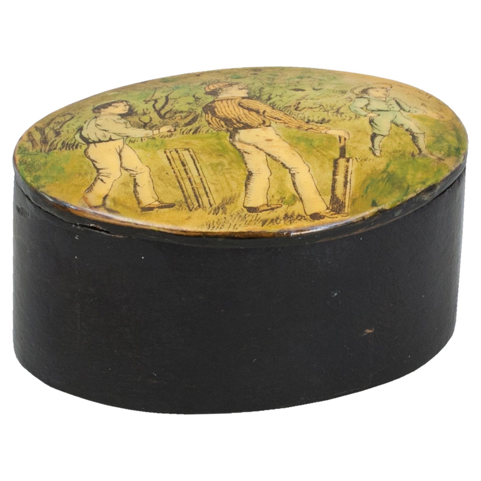 Ebonised Oval Snuff Box With Cricket Scene on The Lid. For Sale