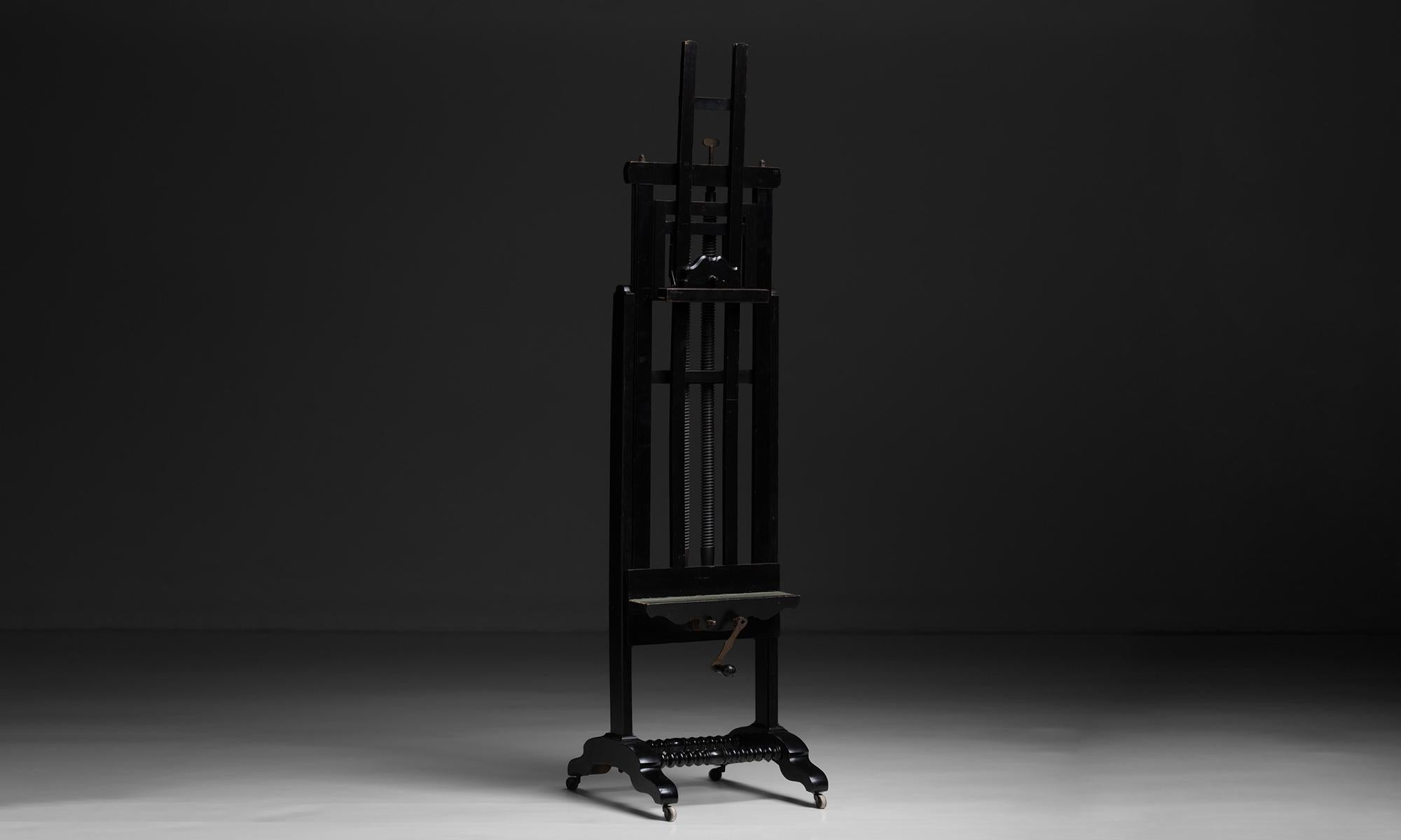 ebonized Painter's Easel

England circa 1900

Original finish, mechanisms for raising, lowering, and tilting.

20.25”w x 23.5”d x 83”h (as shown, adjustable).