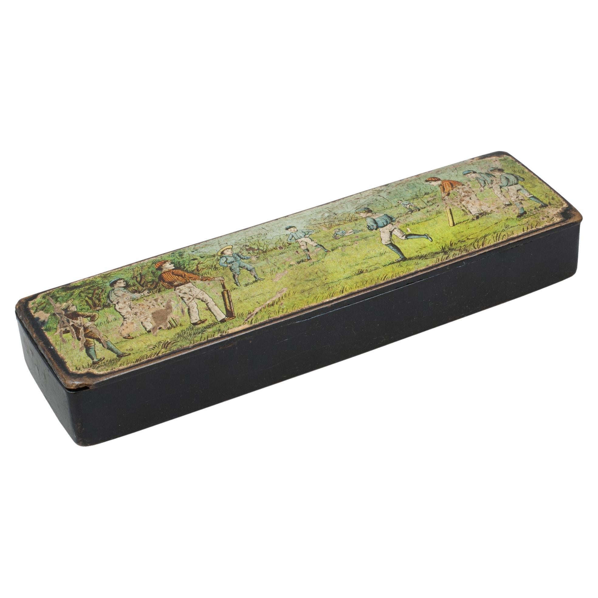 Ebonised Pencil Box With Cricket Scene On The Lid