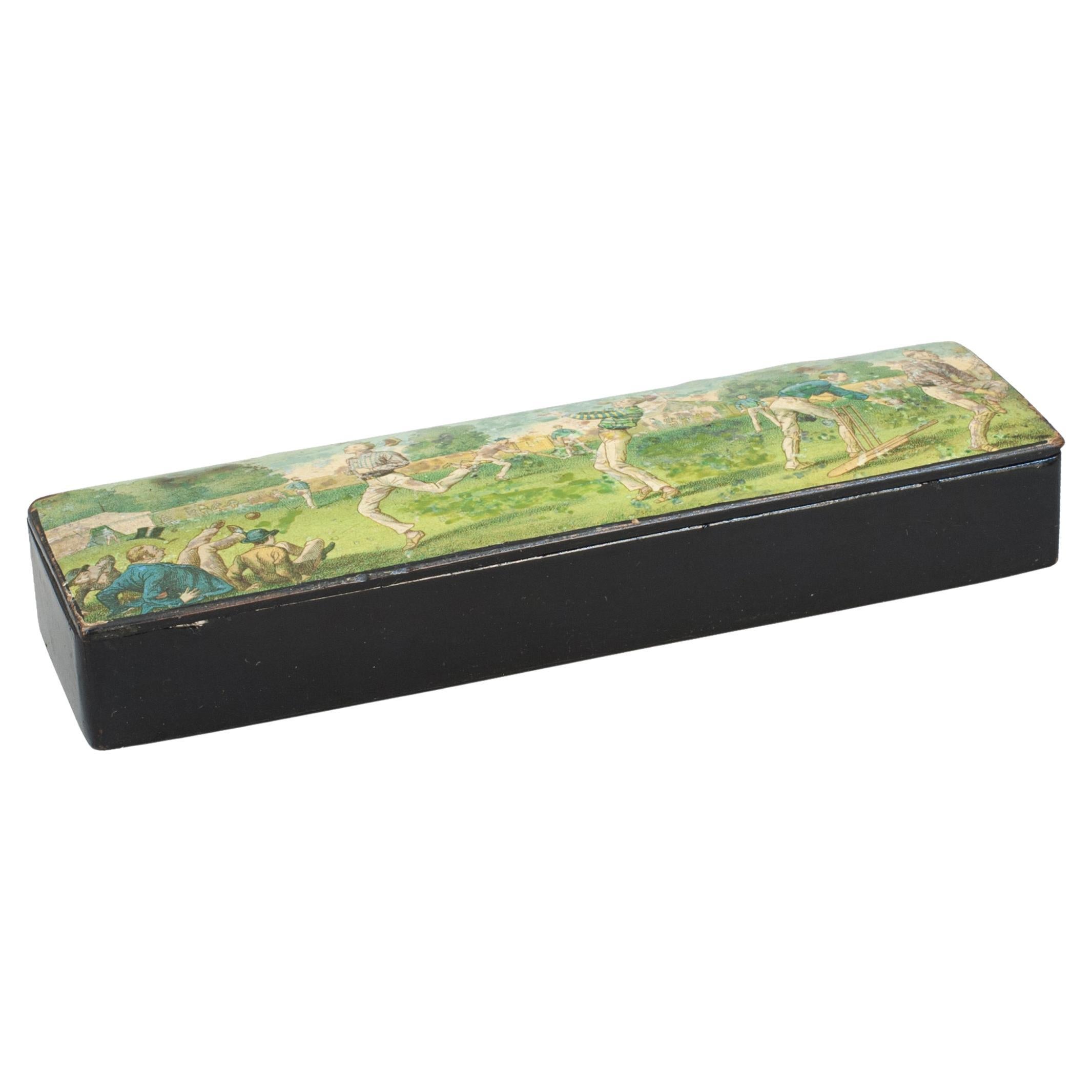 Ebonised Pencil Box With Cricket Scene On The Lid