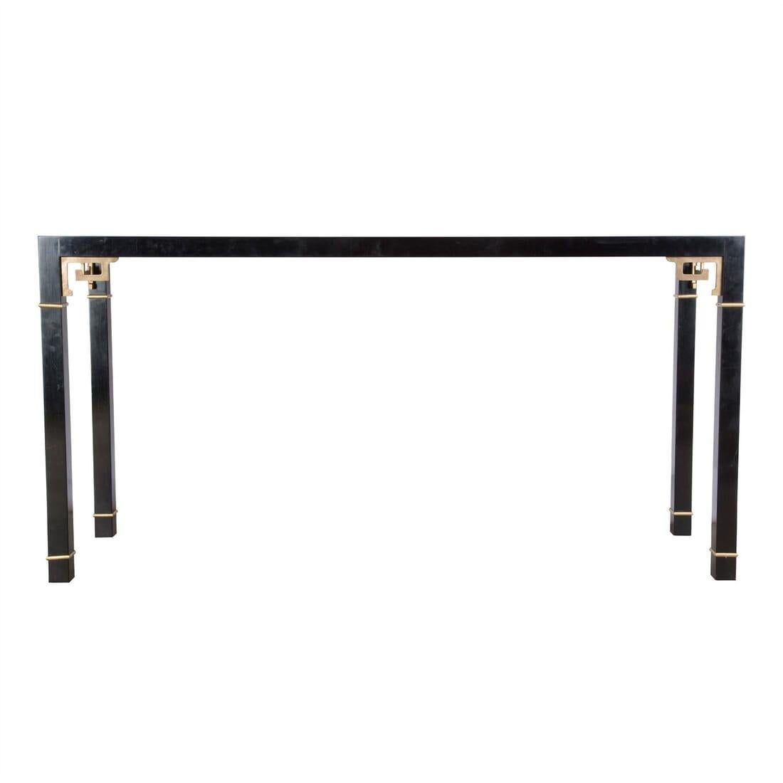 Contemporary ebonized sycamore console table with inset glass top and brass detailing.
