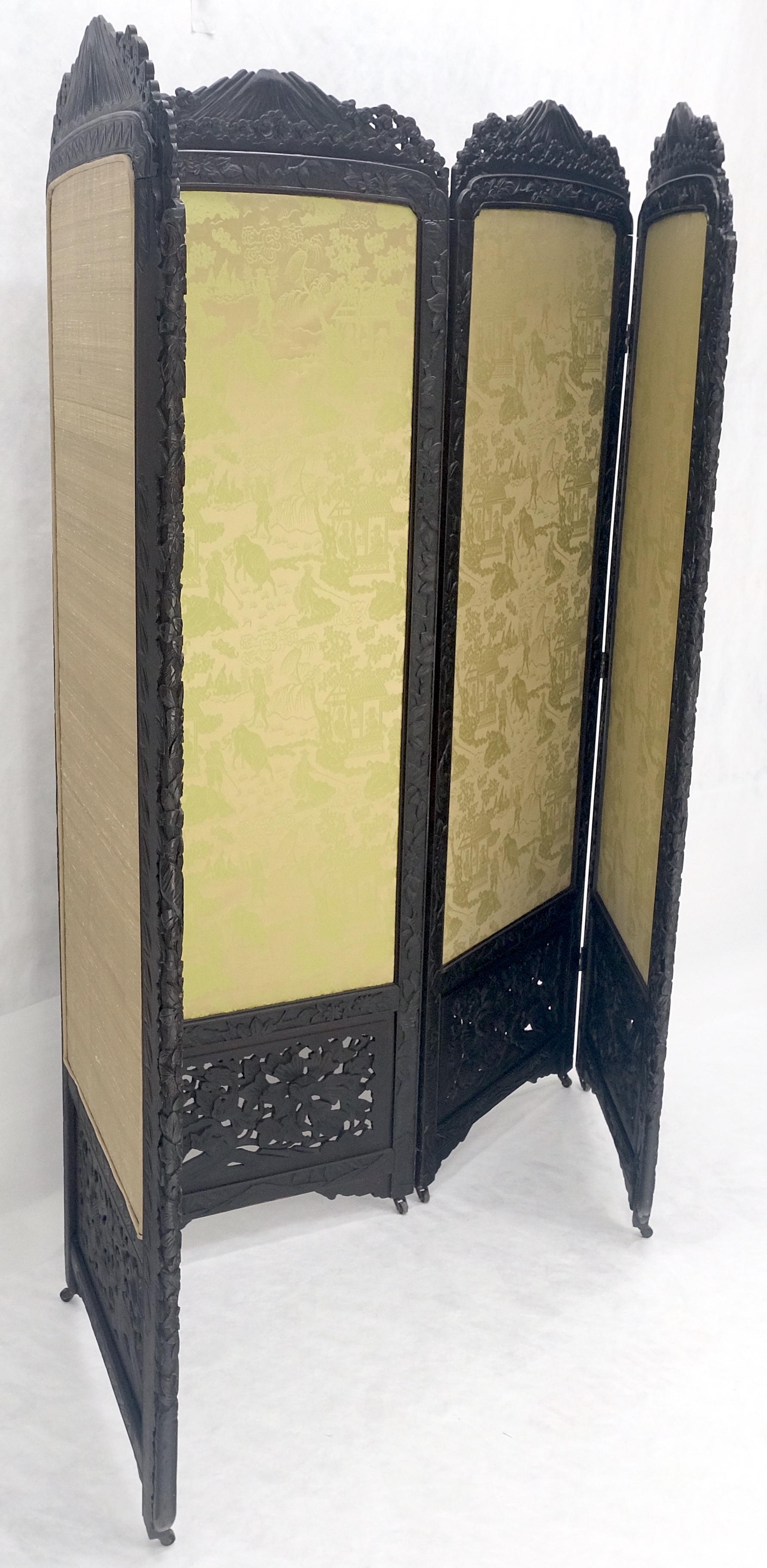 Ébénisé Teck ébonisé et soie finement sculptée japonaise asiatique 4 panneaux séparateur de pièce NICE en vente