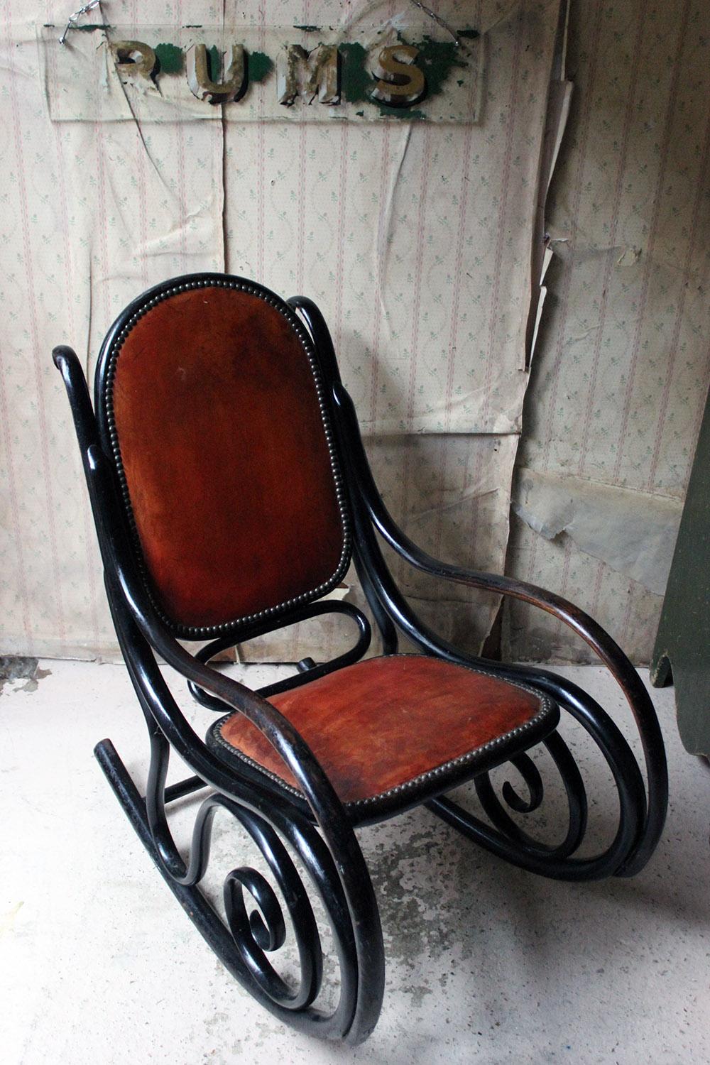 Ebonized Thonet Style Bentwood and Leather Upholstered Rocking Chair 2