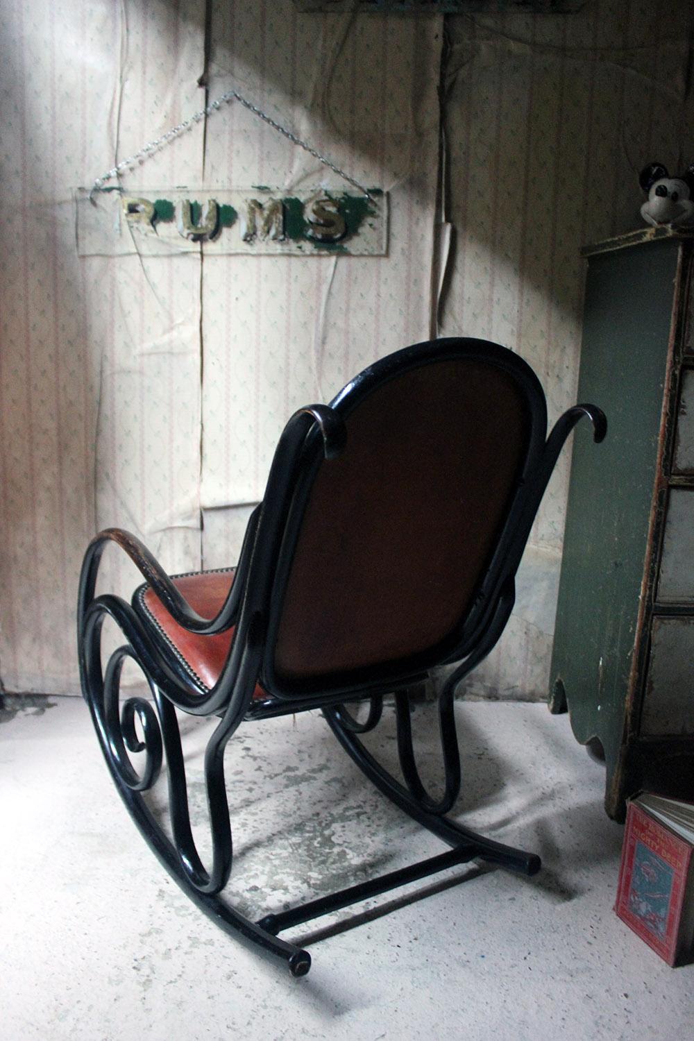 Ebonized Thonet Style Bentwood and Leather Upholstered Rocking Chair 6