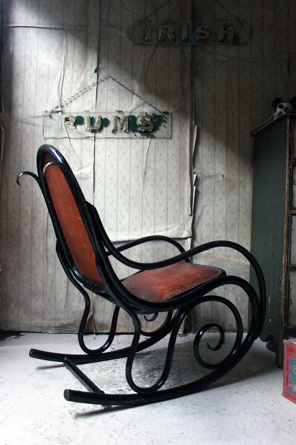 Ebonized Thonet Style Bentwood and Leather Upholstered Rocking Chair 8