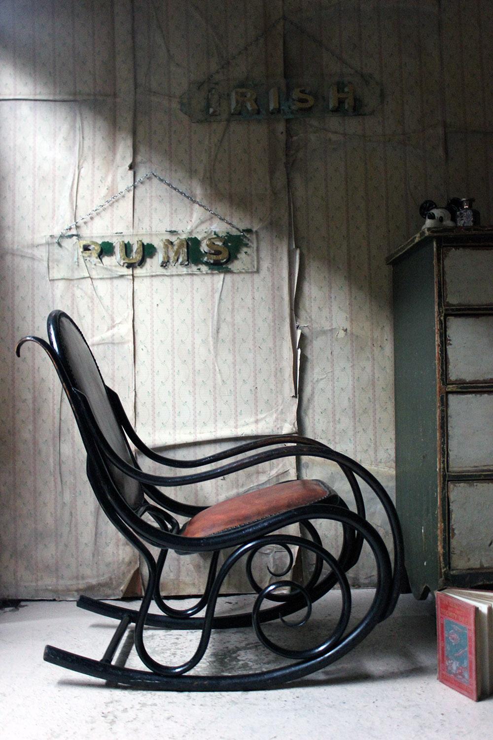Ebonized Thonet Style Bentwood and Leather Upholstered Rocking Chair 9