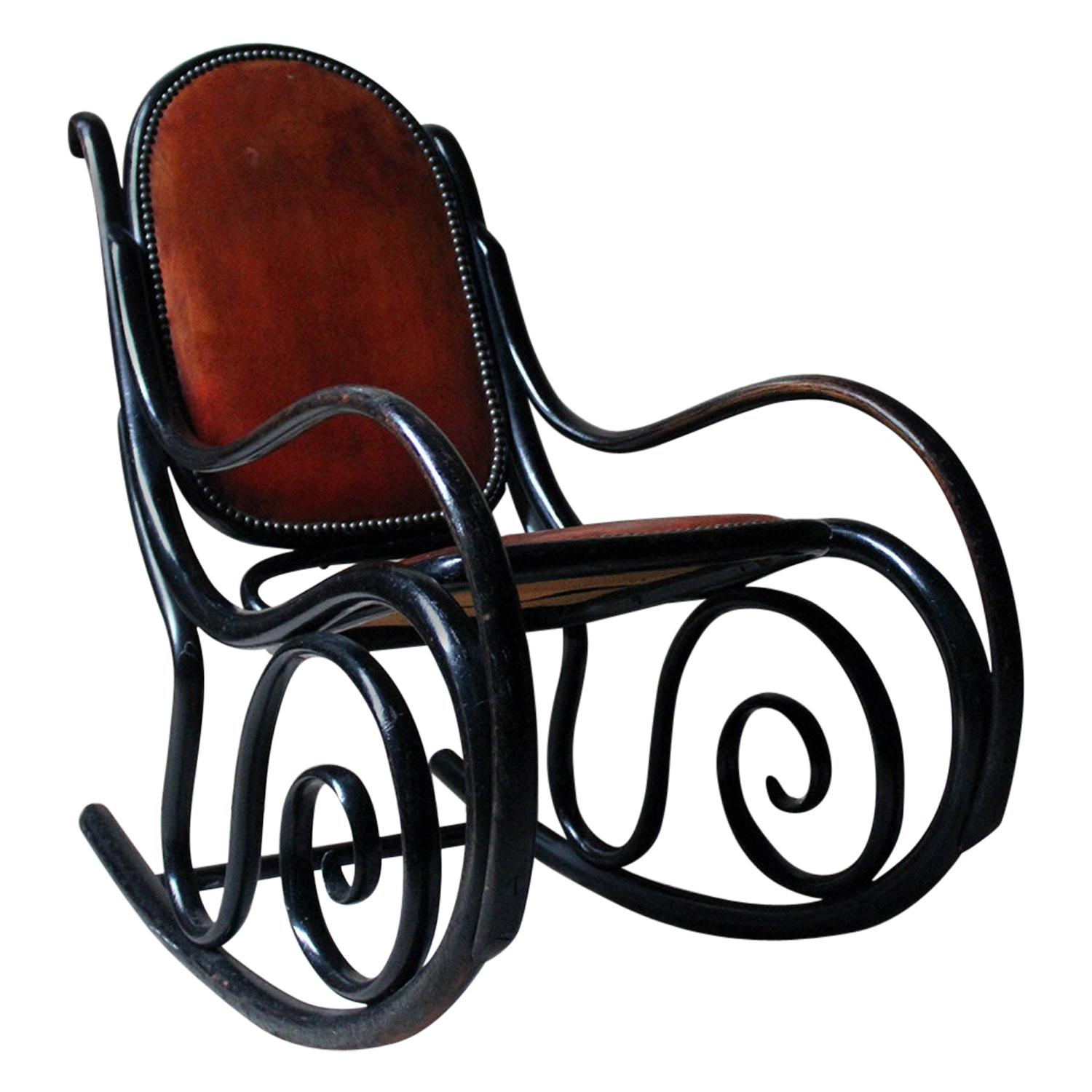 Ebonized Thonet Style Bentwood and Leather Upholstered Rocking Chair