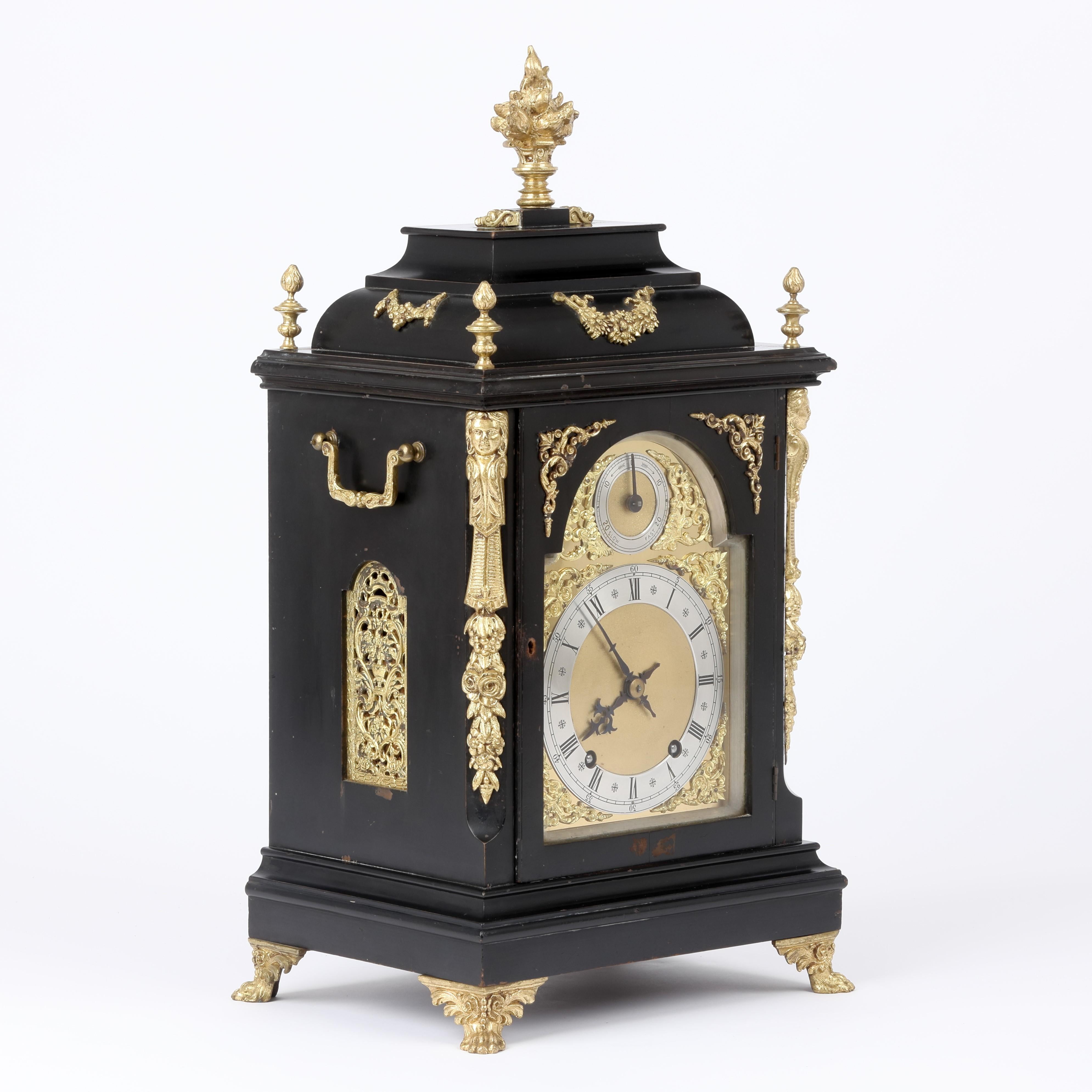 A good Regency stye German Ebonised Bracket or Table Clock by Winterhalder and Hofmeier, Black Forest, Germany. In fine original condition and recently fully professionally serviced and checked over. Keeps perfect time.
The eight day movement chimes