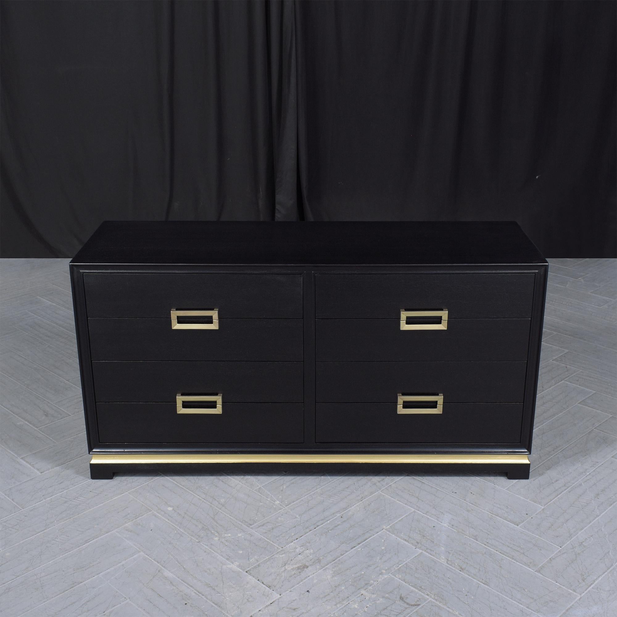 Delve into the timeless appeal of mid-century design with our 1960s mahogany dresser, meticulously restored by our expert artisans. This vintage piece is handcrafted with precision and exudes sophistication with its deep ebonized hue, beautifully