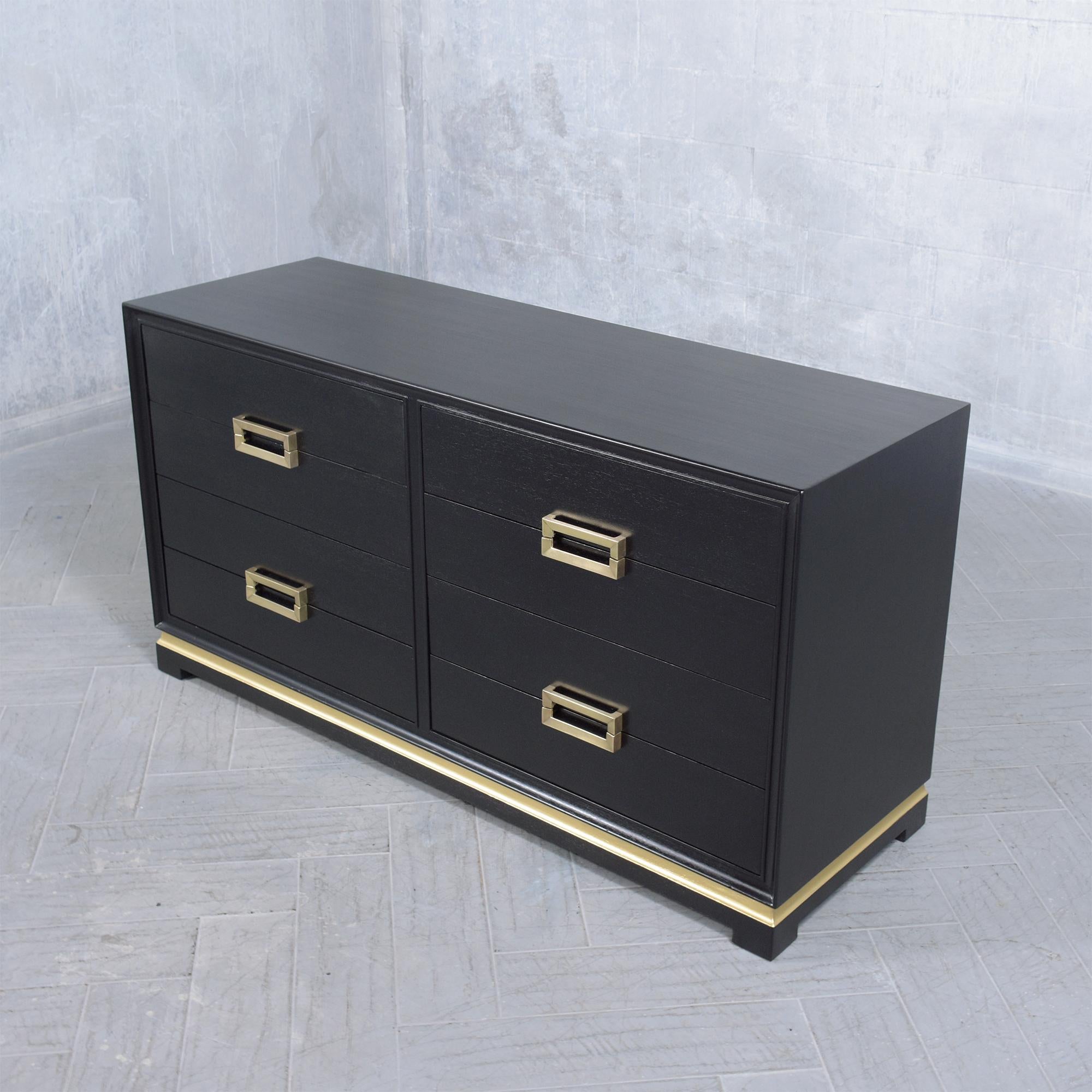 Lacquered Vintage 1960s Ebonized Mahogany Dresser with Brass Handles For Sale