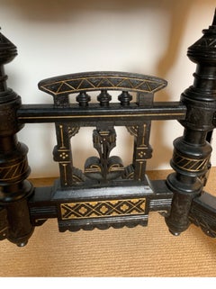 Ebonized Aesthetic Movement Parlor Table with Pink Marble Top and Gold Decor