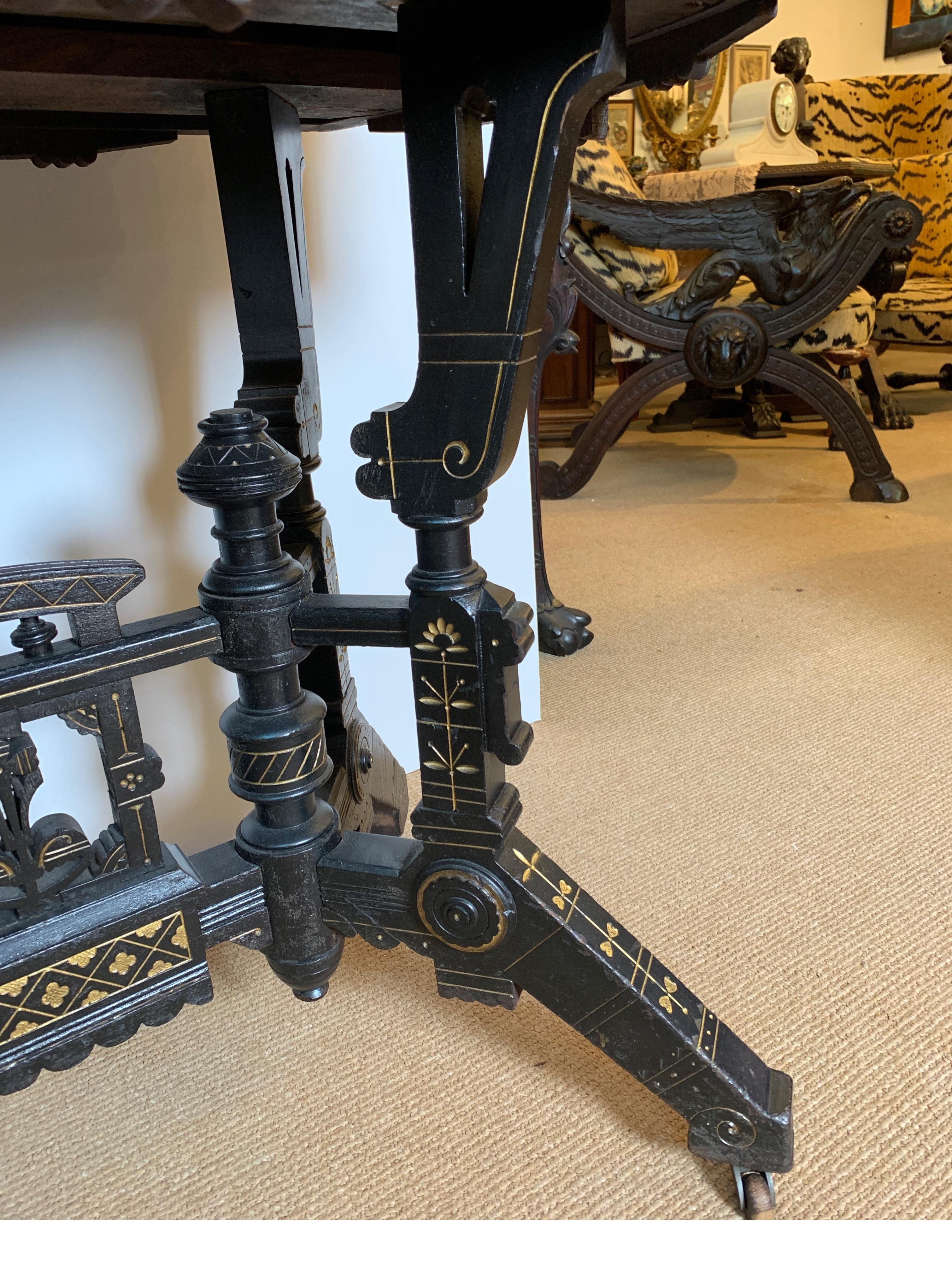 Ebonized Aesthetic Movement Parlor Table with Pink Marble Top and Gold Decor In Good Condition In Lambertville, NJ