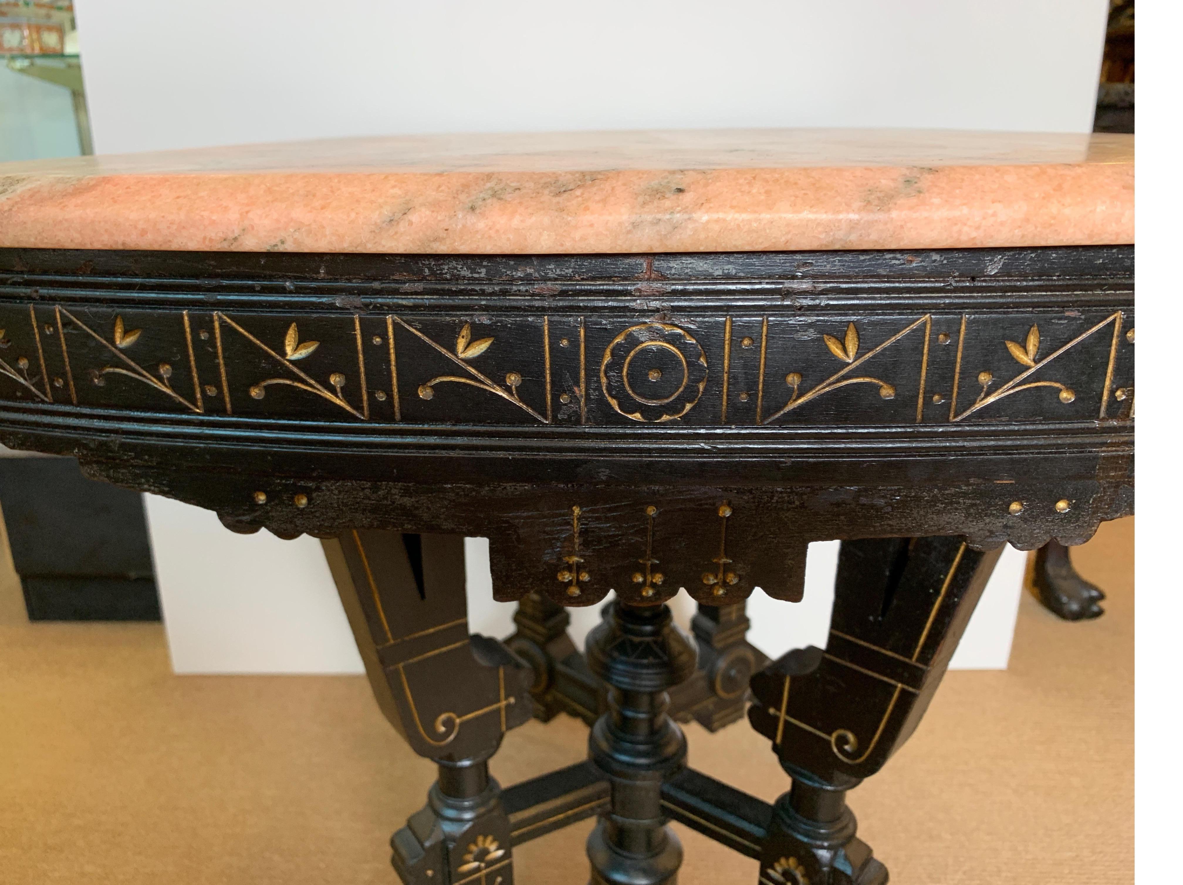 Ebonized Aesthetic Movement Parlor Table with Pink Marble Top and Gold Decor 3