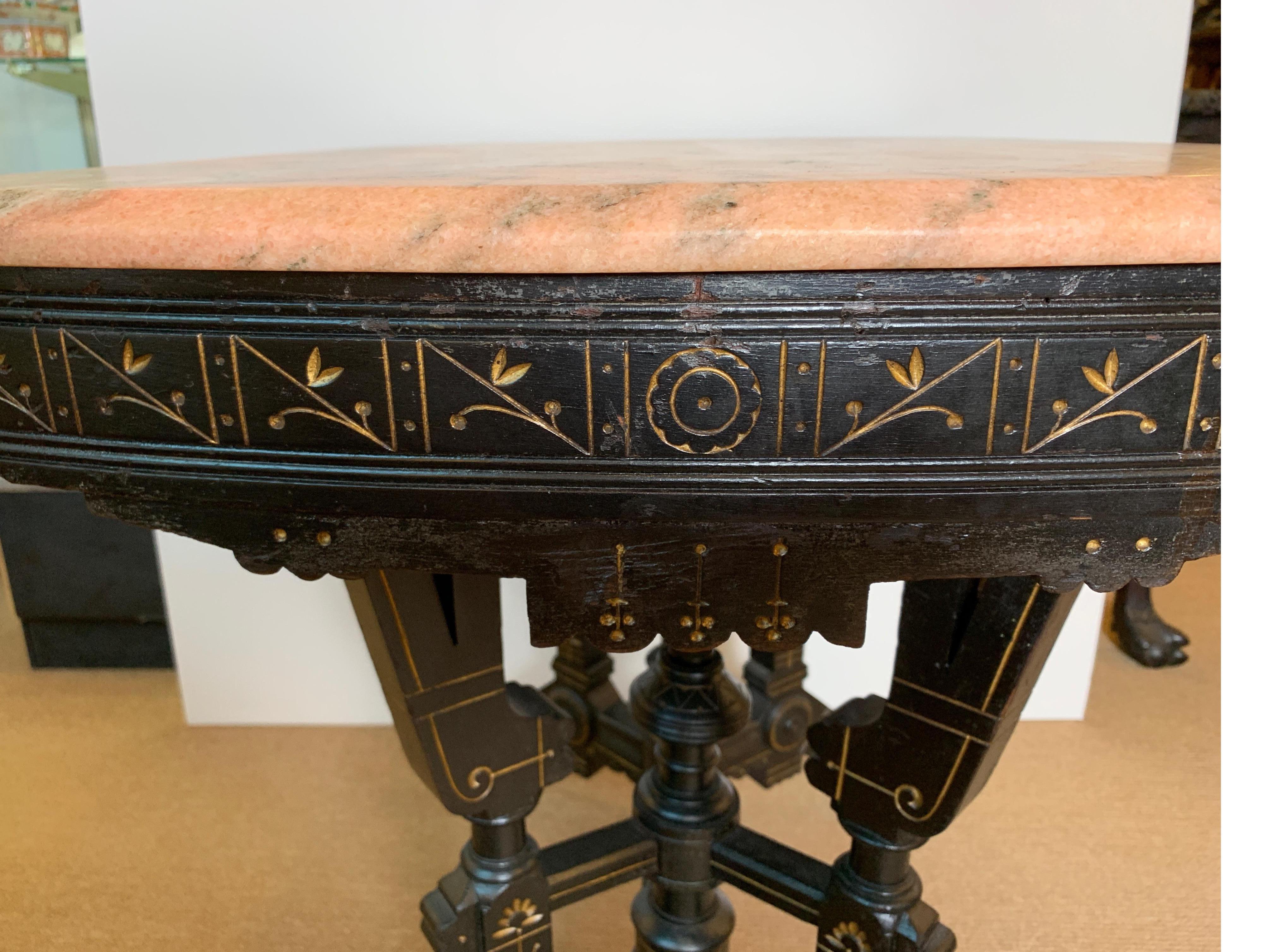 Ebonized Aesthetic Movement Parlor Table with Pink Marble Top and Gold Decor 2