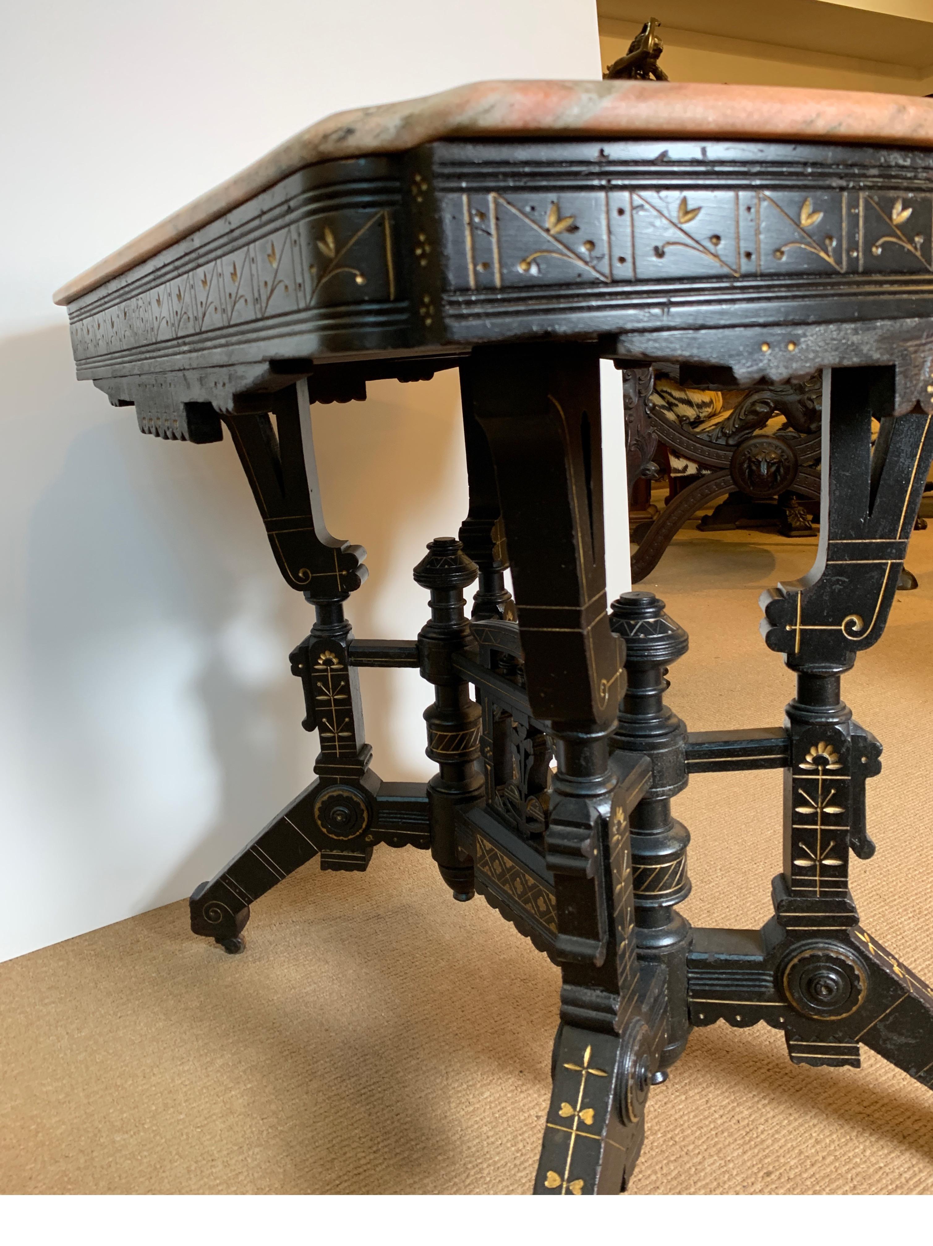 Ebonized Aesthetic Movement Parlor Table with Pink Marble Top and Gold Decor 4