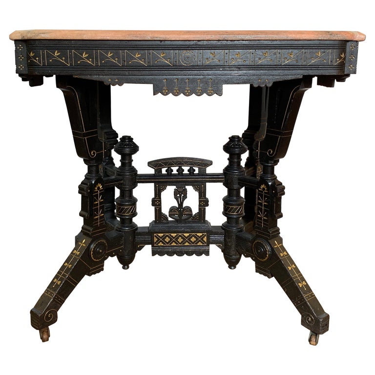 Ebonized Aesthetic Movement Parlor Table with Pink Marble Top and Gold