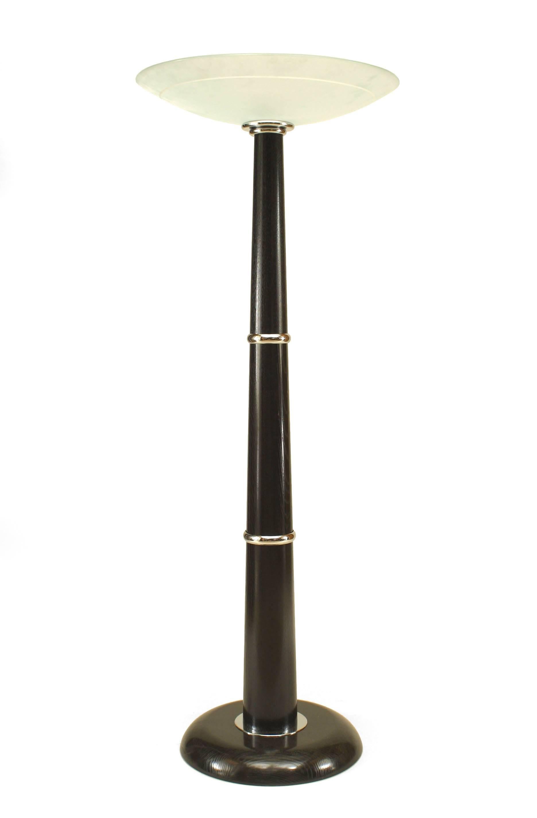 Pair of Italian ebonized wood and chrome trimmed floor lamps with a large frosted glass shade (similar Pair: VTP1660B)
