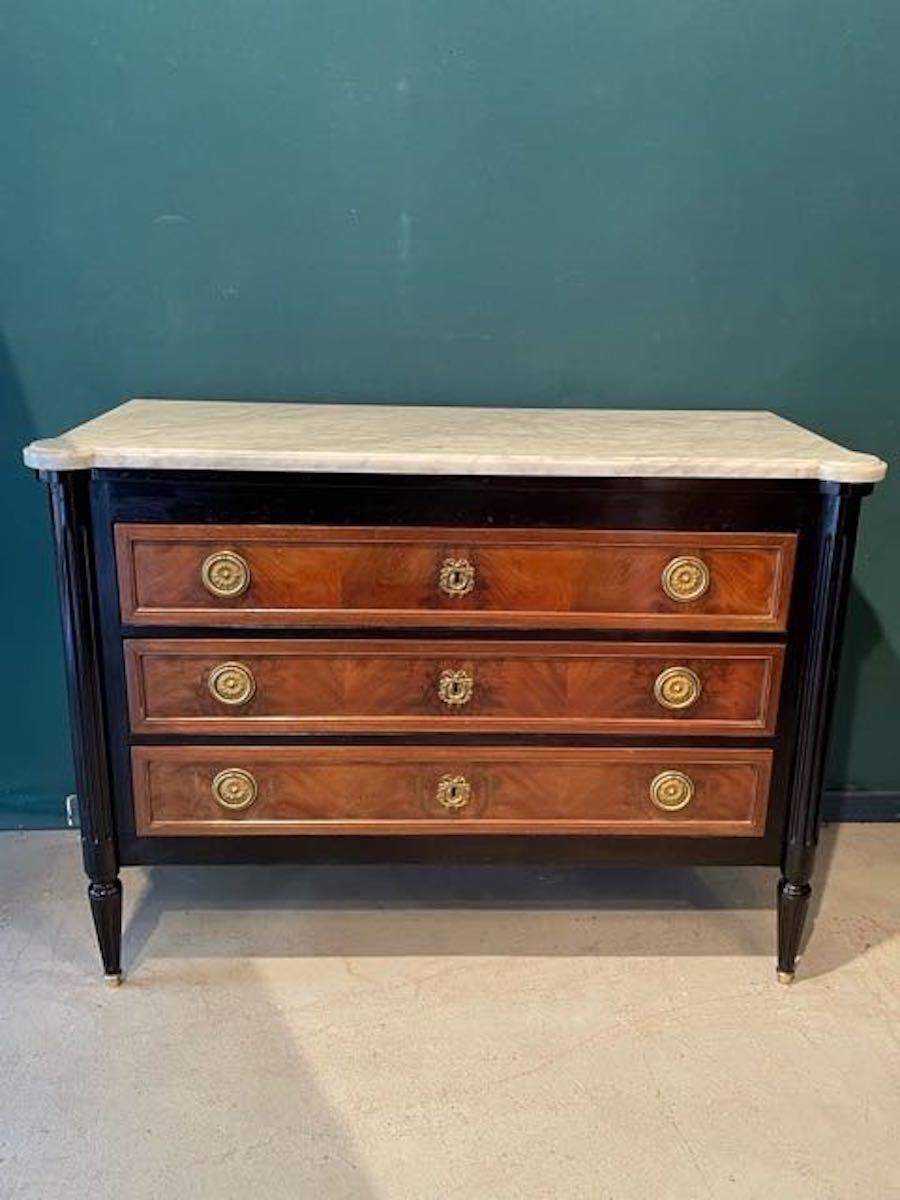 Ebonized and Elm Wood with White Marble Top Commode, France, 1980s In Good Condition For Sale In New York, NY