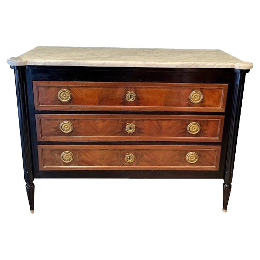 Ebonized and Elm Wood with White Marble Top Commode, France, 1980s For Sale