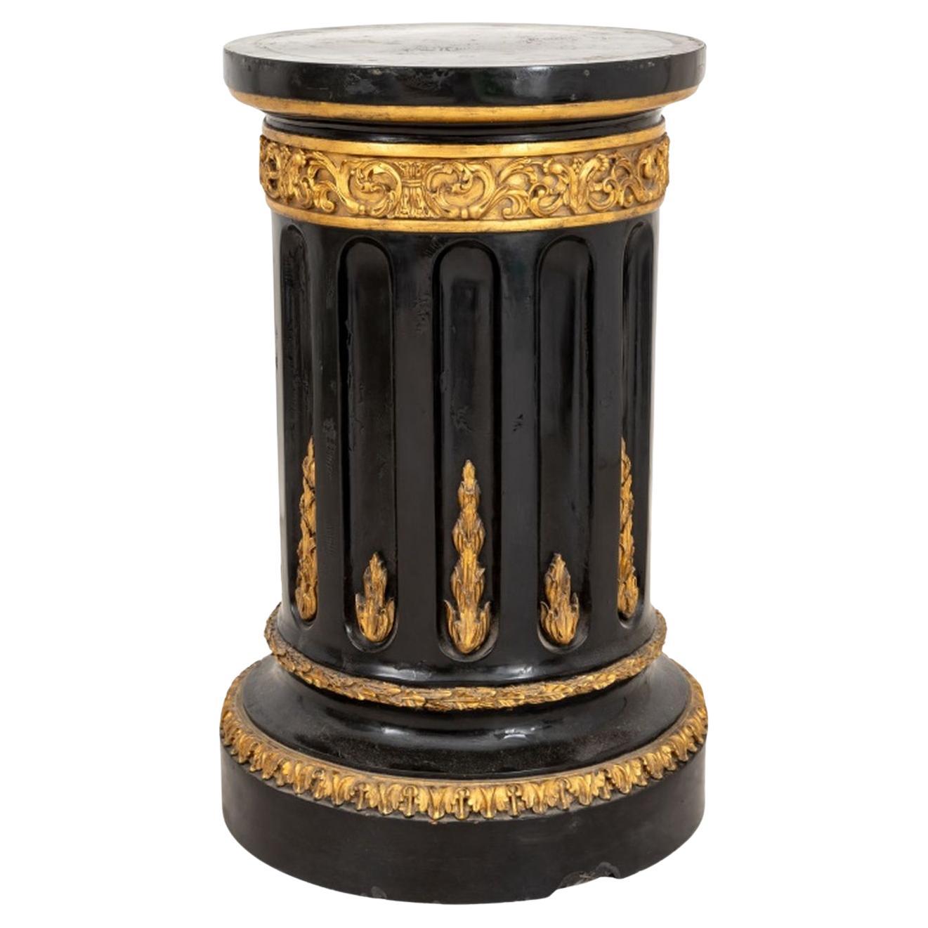 Columna Pedestal de Madera Tallada Ebonizada y Dorada