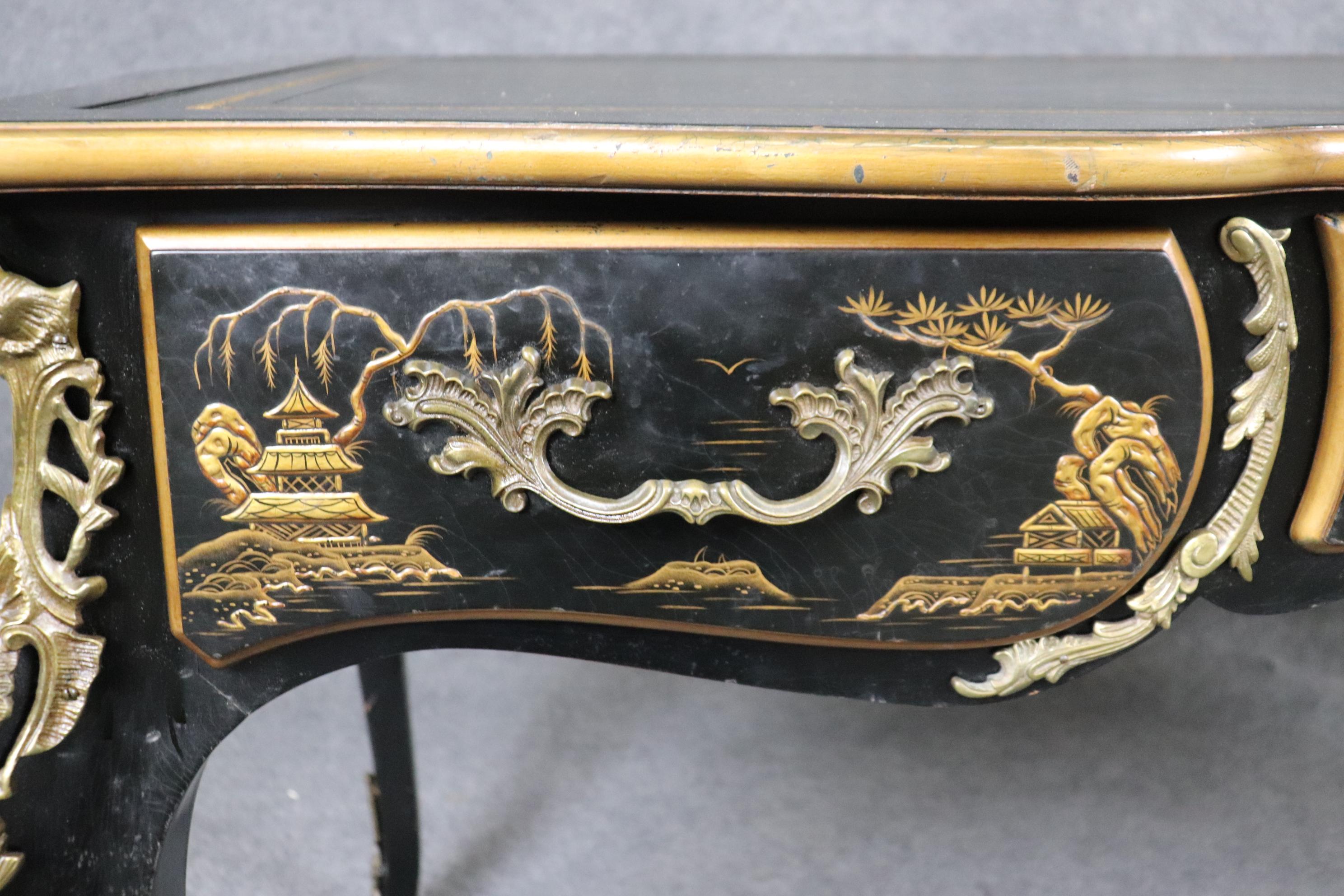 Ebonized and Gilded Chinoiserie Karges Leather Top Writing Executuve Desk For Sale 4