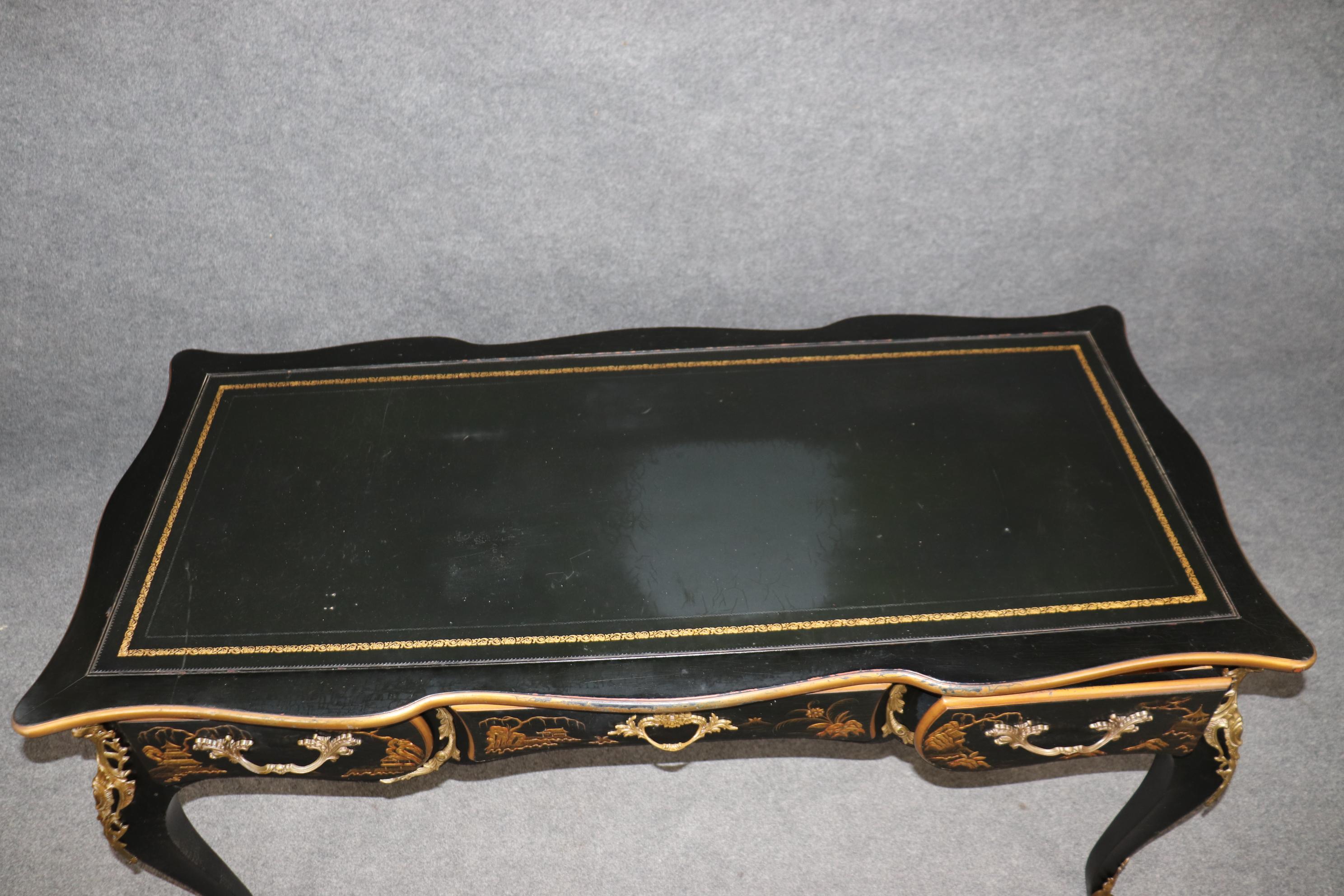 American Ebonized and Gilded Chinoiserie Karges Leather Top Writing Executuve Desk For Sale