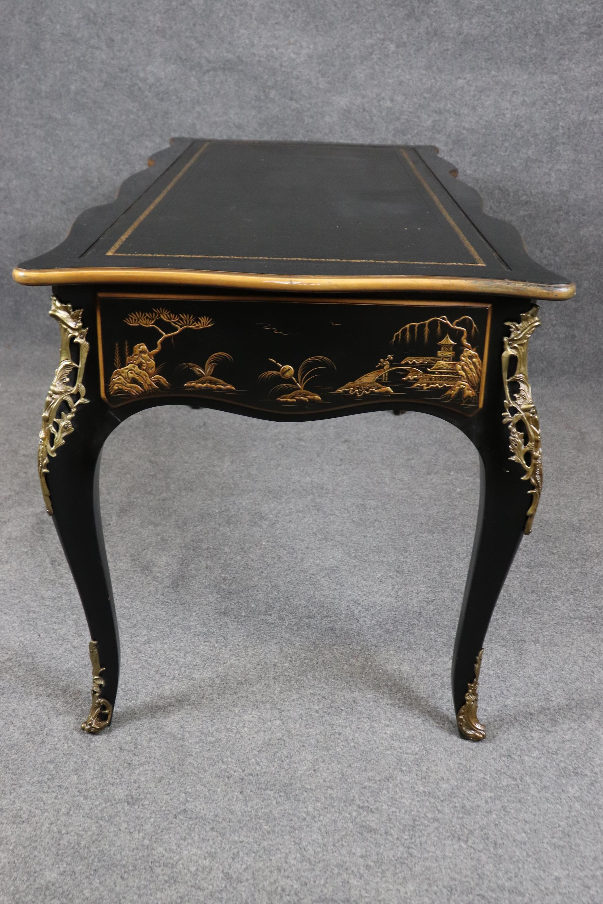 Bronze Ebonized and Gilded Chinoiserie Karges Leather Top Writing Executuve Desk For Sale