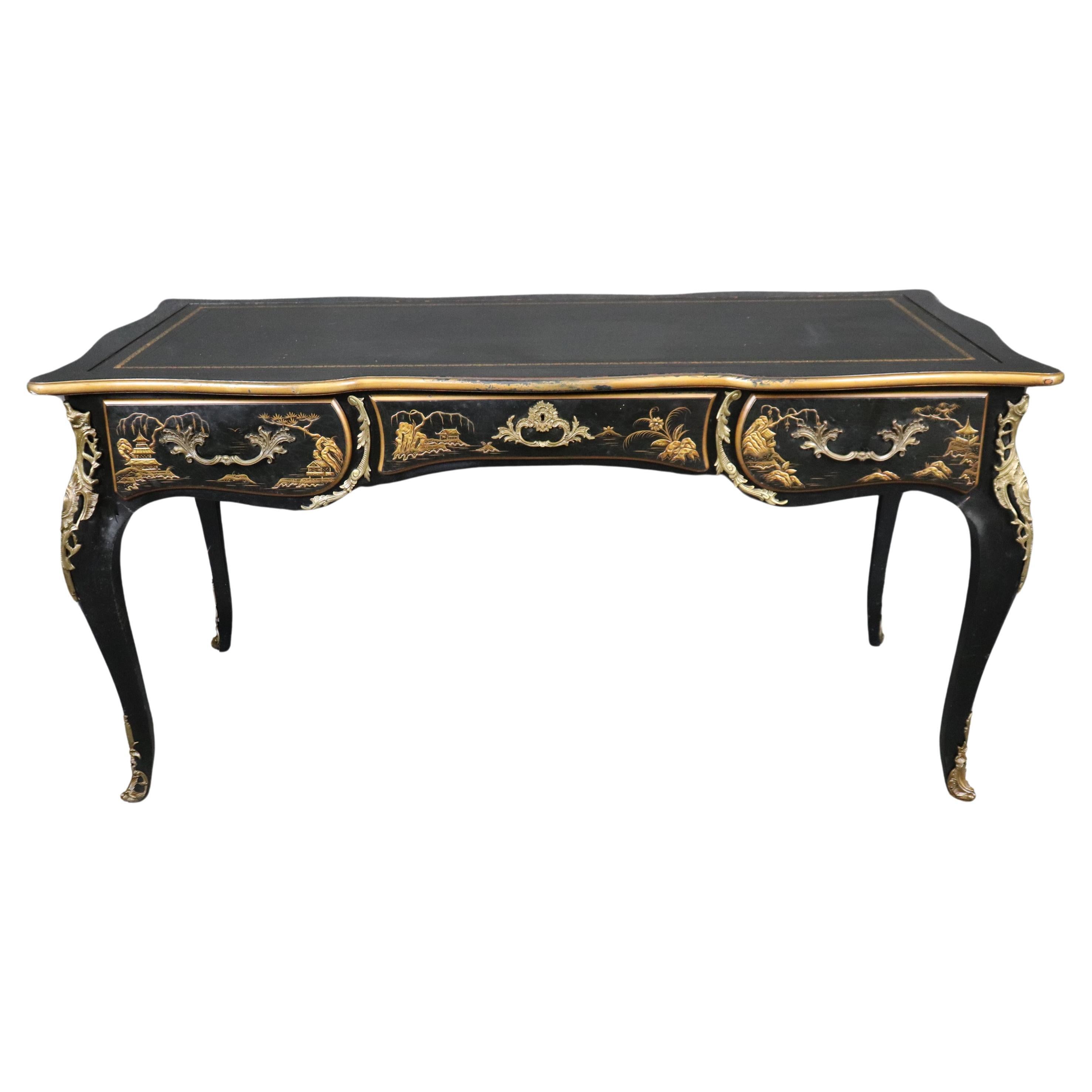 Ebonized and Gilded Chinoiserie Karges Leather Top Writing Executuve Desk For Sale