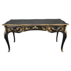 Schreibtisch aus ebonisiertem und vergoldetem Chinoiserie Karges Leder mit Lederplatte