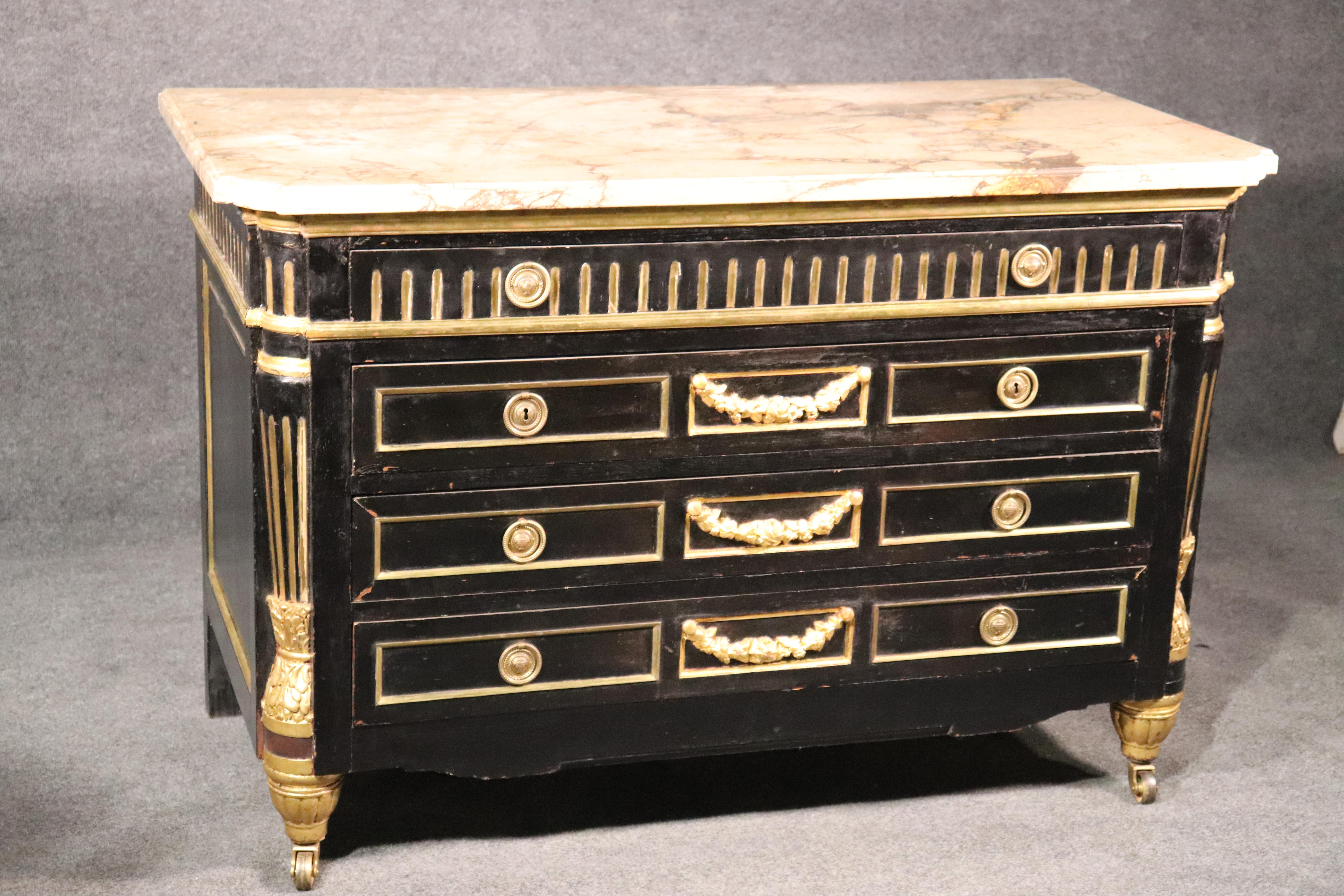 Ebonized and Gilded Russian Baltic Marble-Top Louis XVI Dresser Commode C1870 In Good Condition In Swedesboro, NJ