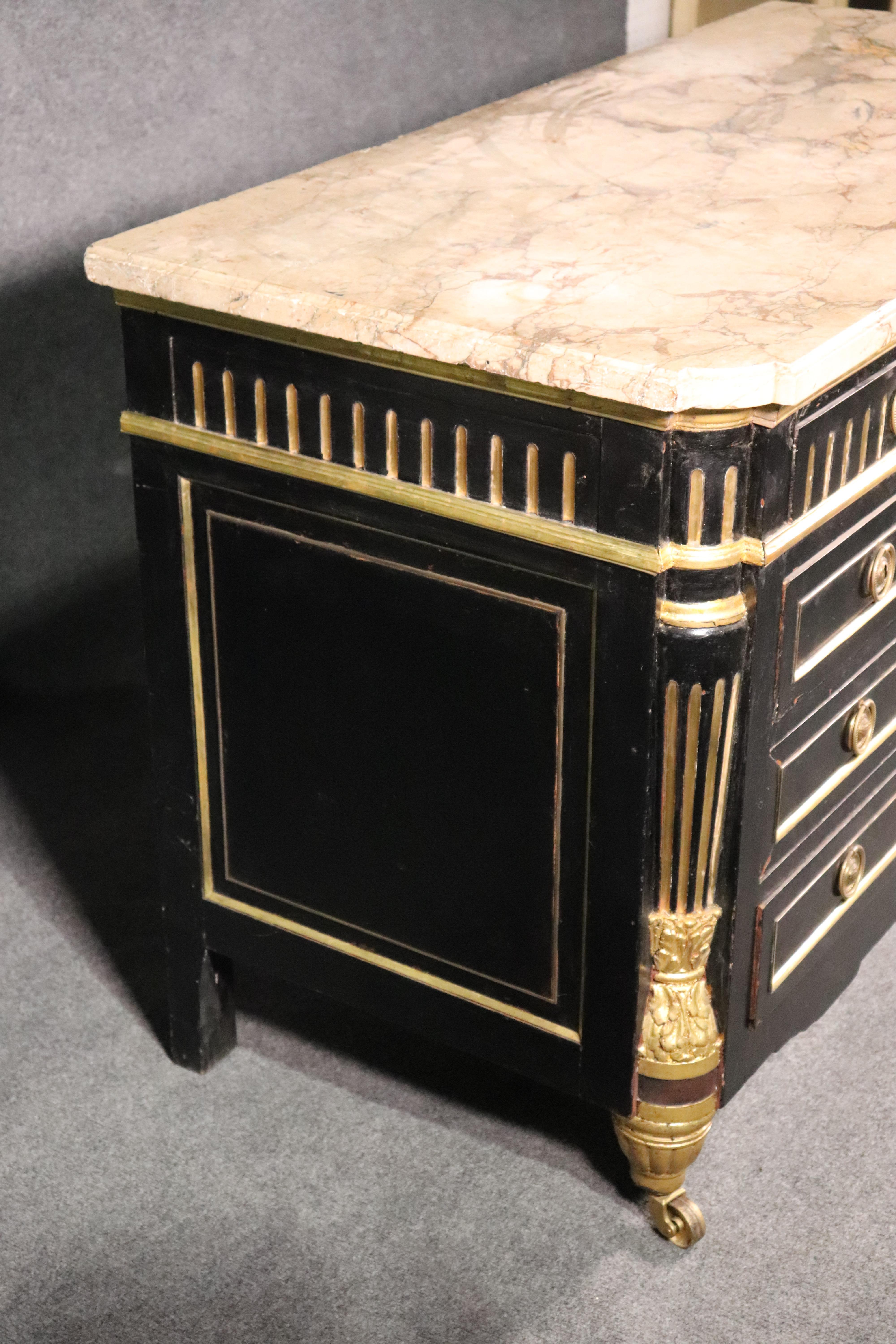 Late 19th Century Ebonized and Gilded Russian Baltic Marble-Top Louis XVI Dresser Commode C1870