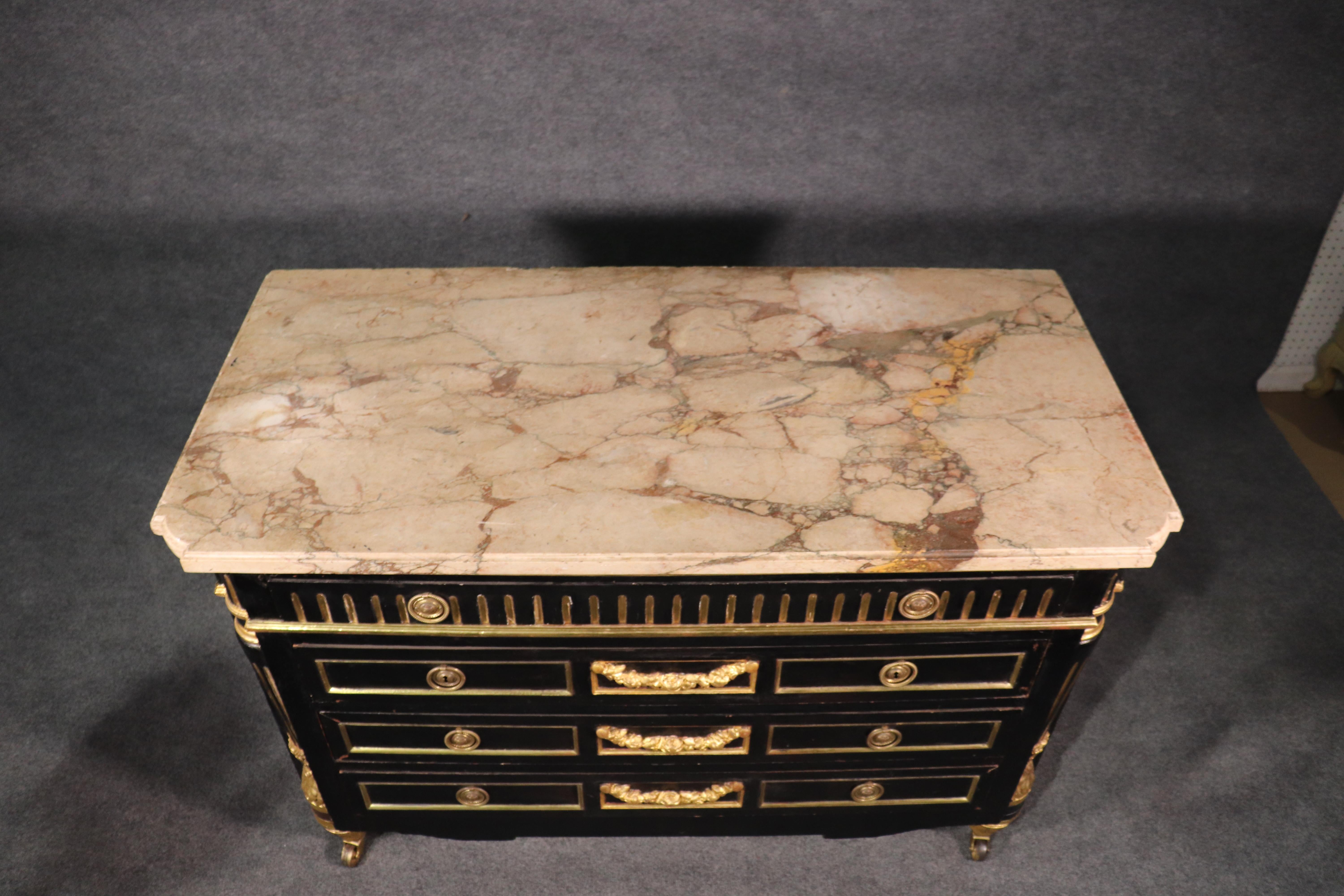 Ebonized and Gilded Russian Baltic Marble-Top Louis XVI Dresser Commode C1870 1