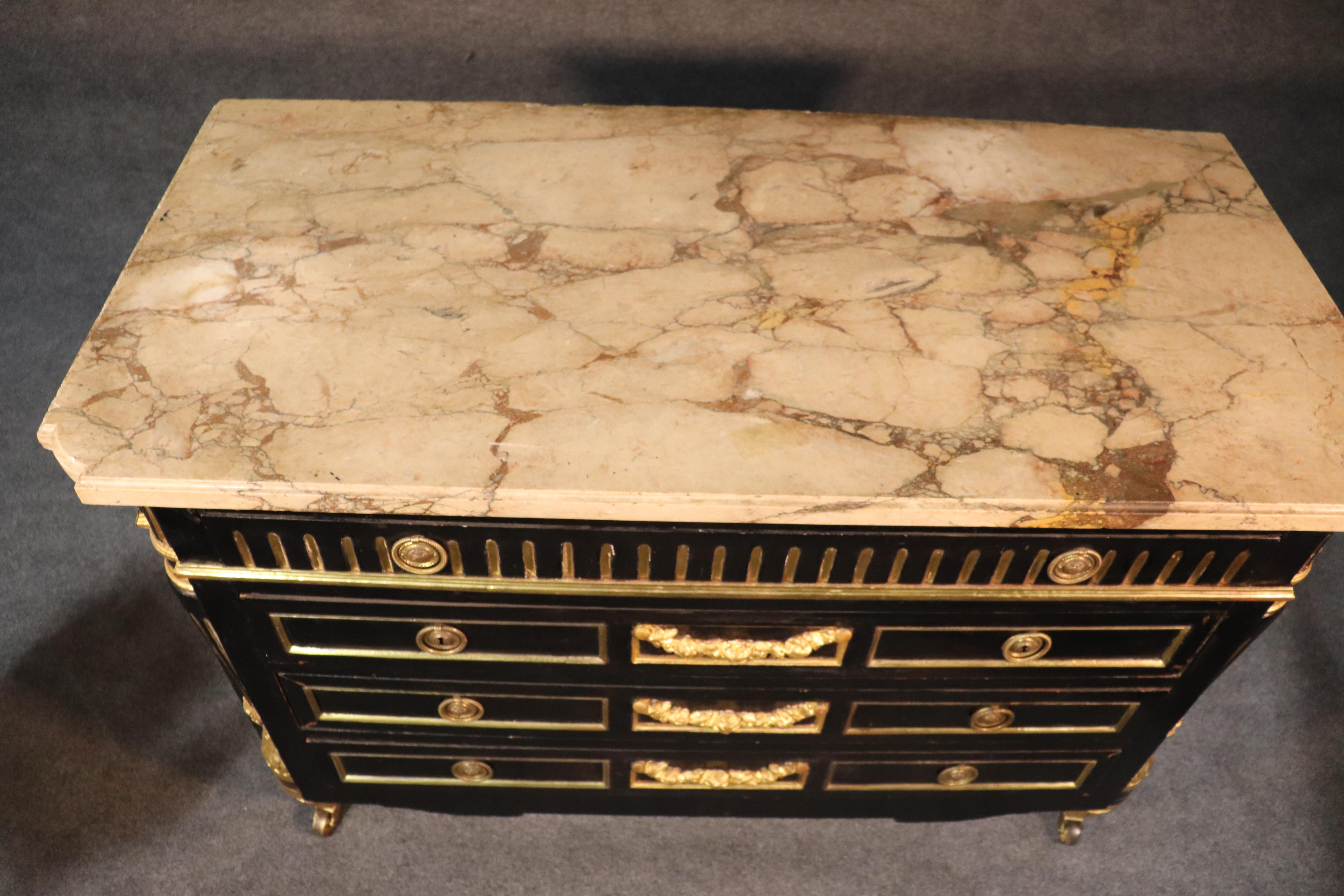 Ebonized and Gilded Russian Baltic Marble-Top Louis XVI Dresser Commode C1870 3