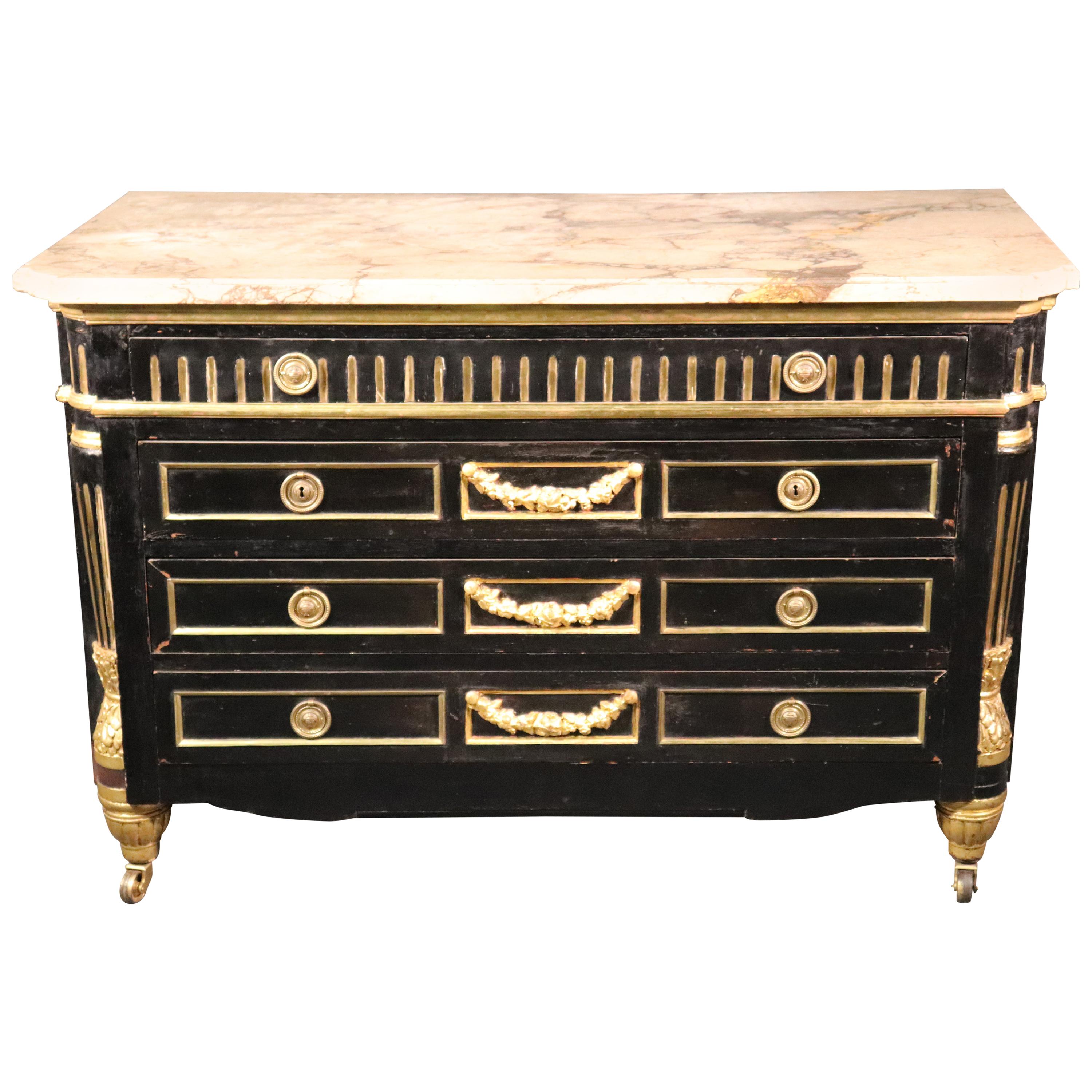 Ebonized and Gilded Russian Baltic Marble-Top Louis XVI Dresser Commode C1870