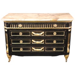 Ebonized and Gilded Russian Baltic Marble-Top Louis XVI Dresser Commode C1870