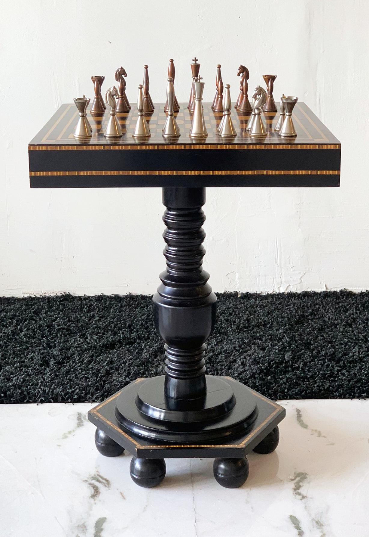 Ebonized and Inlaid Art Deco Game Table with Chess Pieces 6