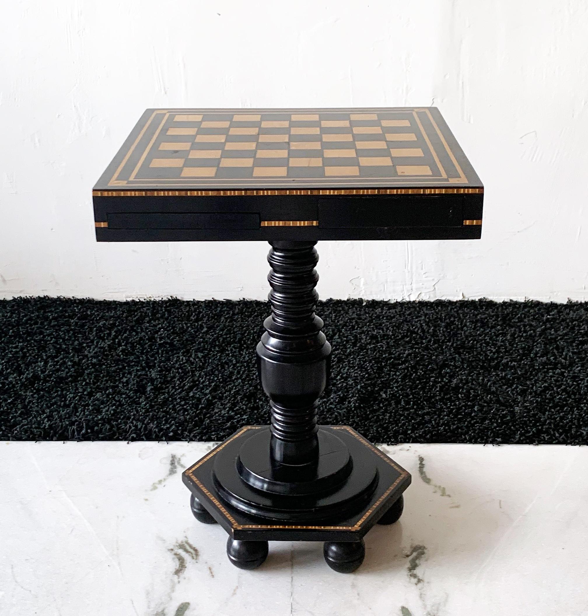 Mid-20th Century Ebonized and Inlaid Art Deco Game Table with Chess Pieces