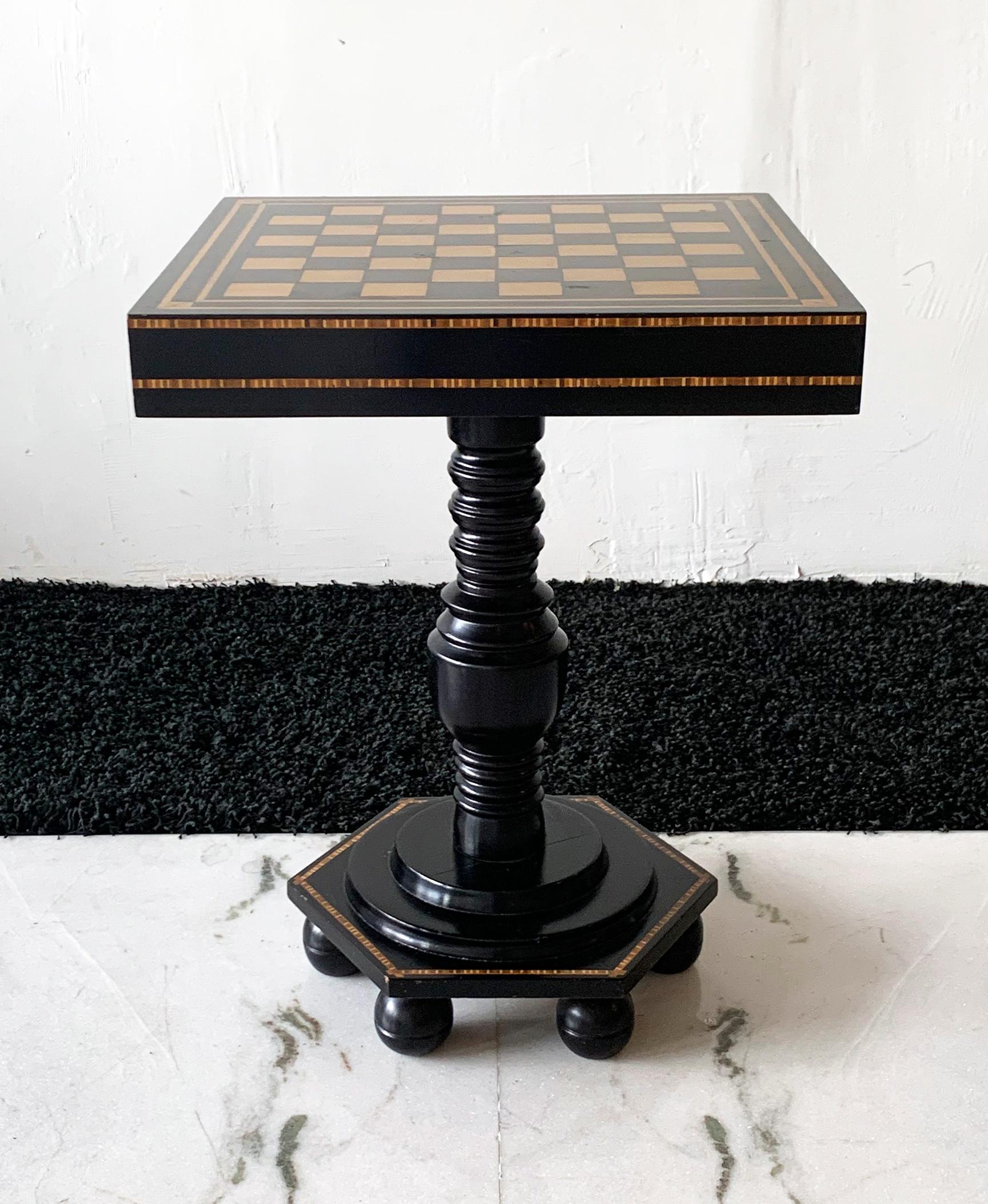 Wood Ebonized and Inlaid Art Deco Game Table with Chess Pieces